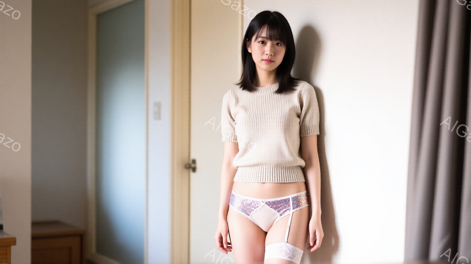 明るいベージュのニットセーターを着た若い女性が立っています。彼女はストレートヘアで、表情は穏やかです。背景にはオフホワイトの壁と引き戸、そしてサイドにグレーのカーテンが見え、室内である様子がわかります。