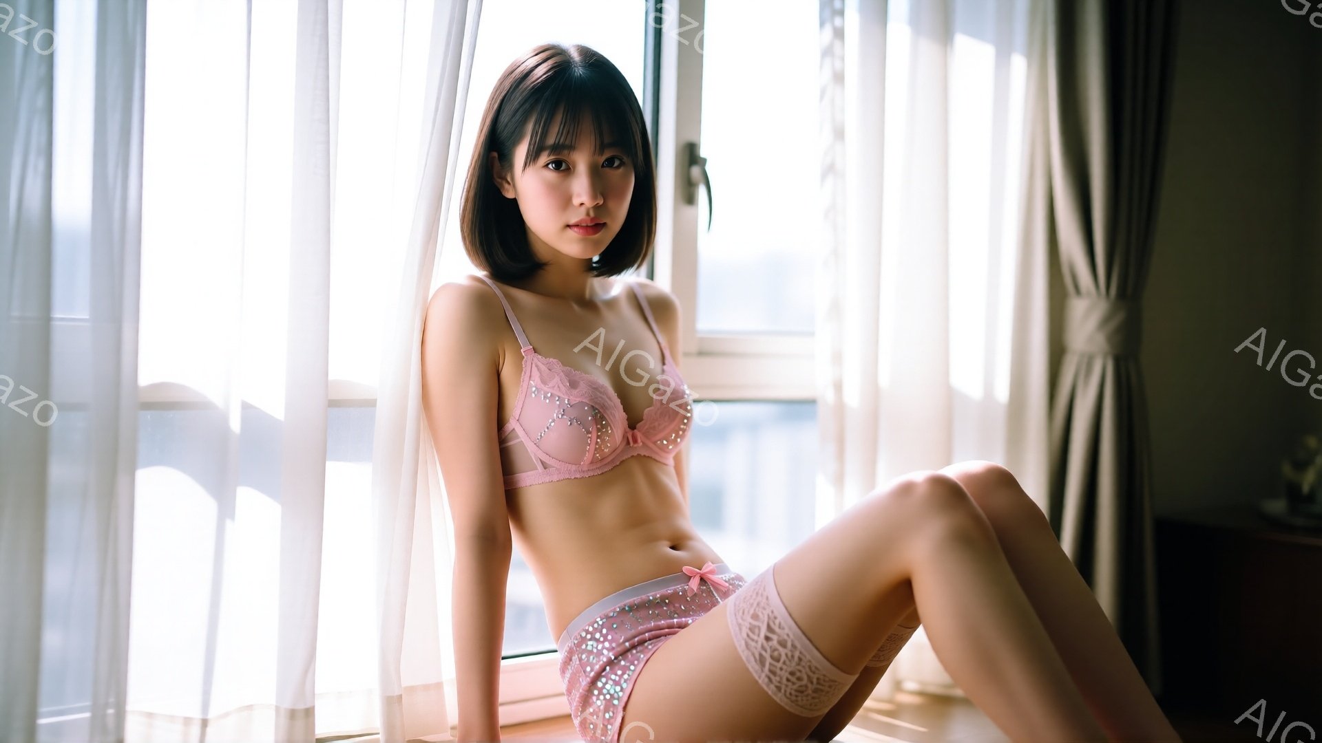 浅いブラウンの髪に前髪だけ少し長めの女性が、ピンクのレースのブラとショーツのセットを身に着けて座っています。彼女はわずかに微笑み、リラックスした表情で、膝を曲げて座り、少し体を傾けています。背景は白いカーテンと窓枠で、光が差し込み、部屋全体が柔らかく照らされています。