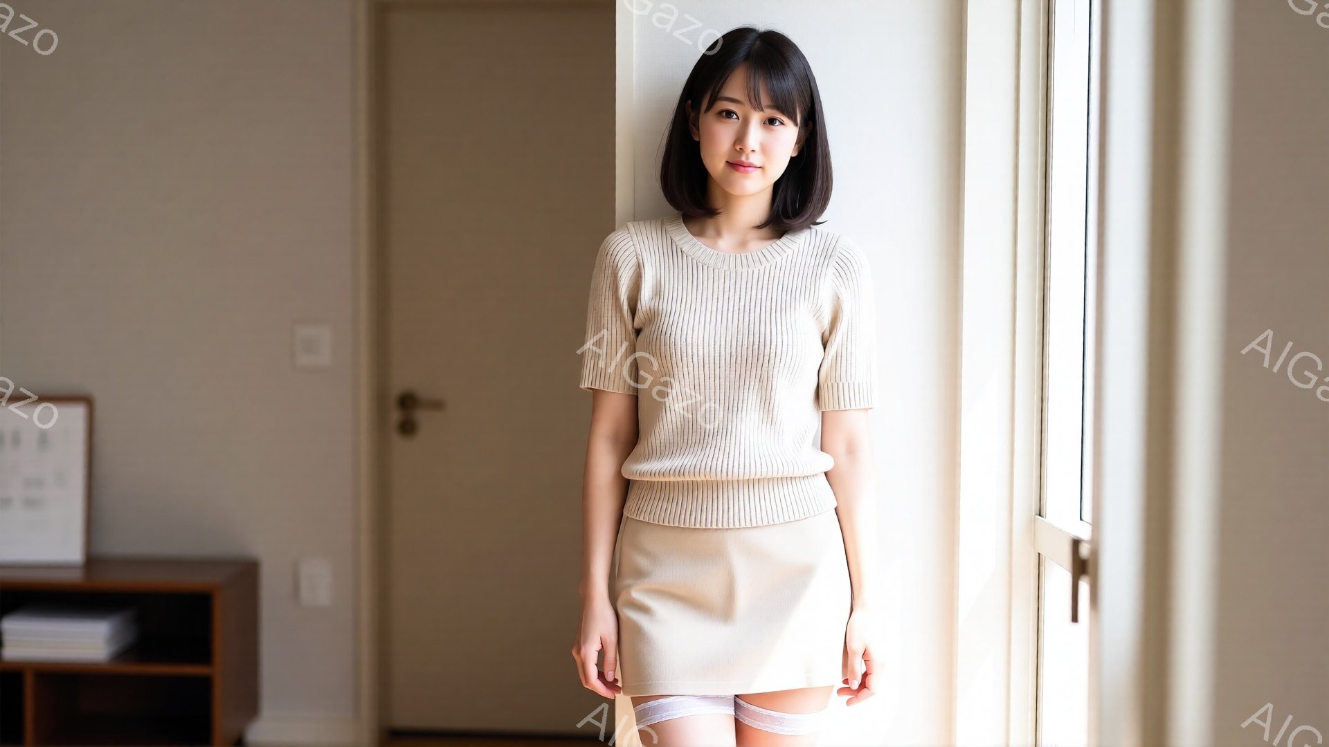 明るい自然光が差し込む室内で、ベージュのニットとミニスカートを身につけた女性が立っています。彼女は肩までの長さのダークブラウンのヘアスタイルで、穏やかな微笑みを浮かべています。背景には木製のキャビネットと窓があり、シンプルな内装が落ち着いた雰囲気を醸し出しています。