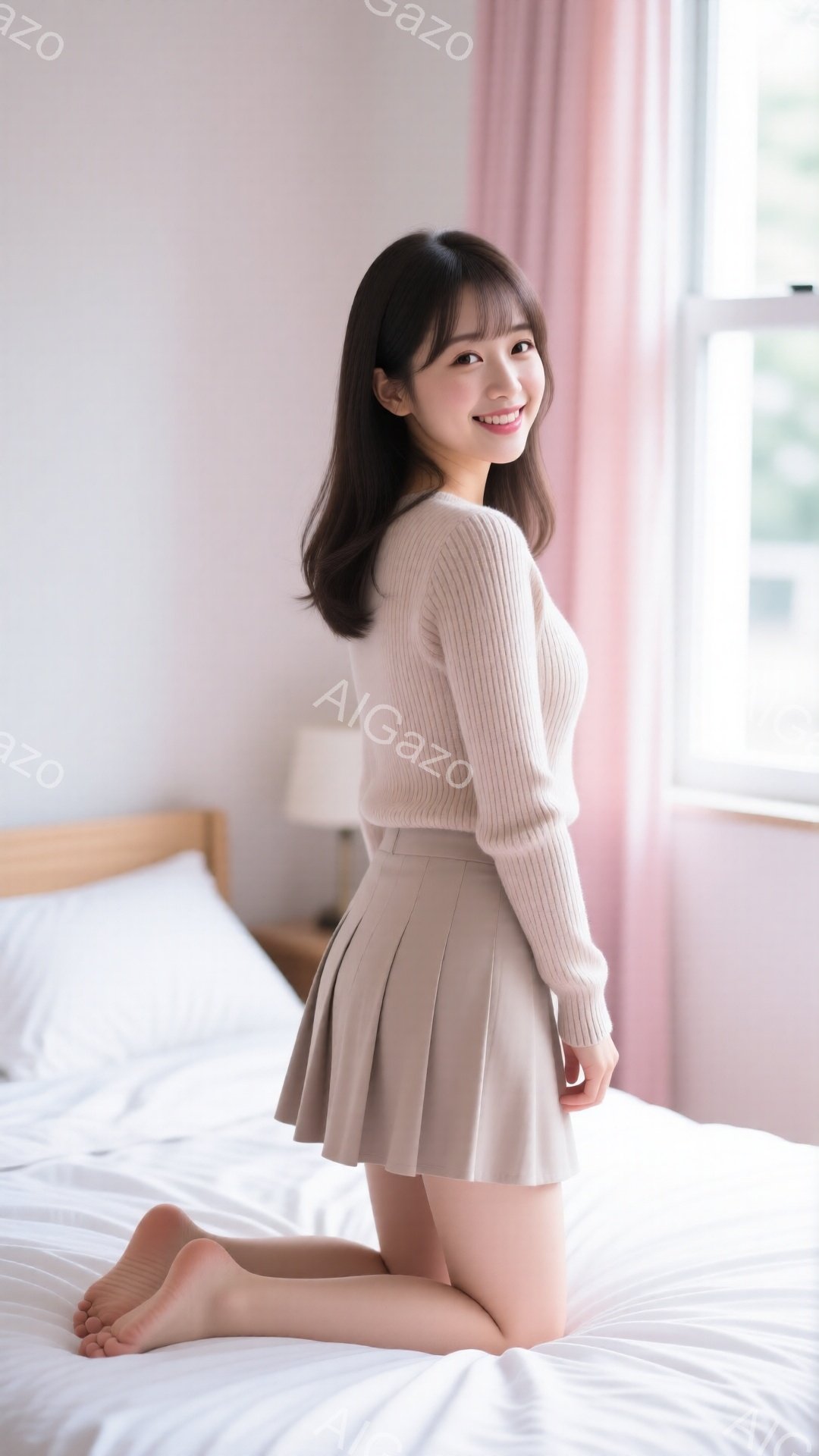 長い茶色の髪を肩にかかるようにした若い女性が、クリーム色のニットセーターとベージュのプリーツスカートを着用して白いベッドの上にひざまずいています。彼女は微笑んでいて、視線はカメラに向いています。背景に - AI生成フリー素材