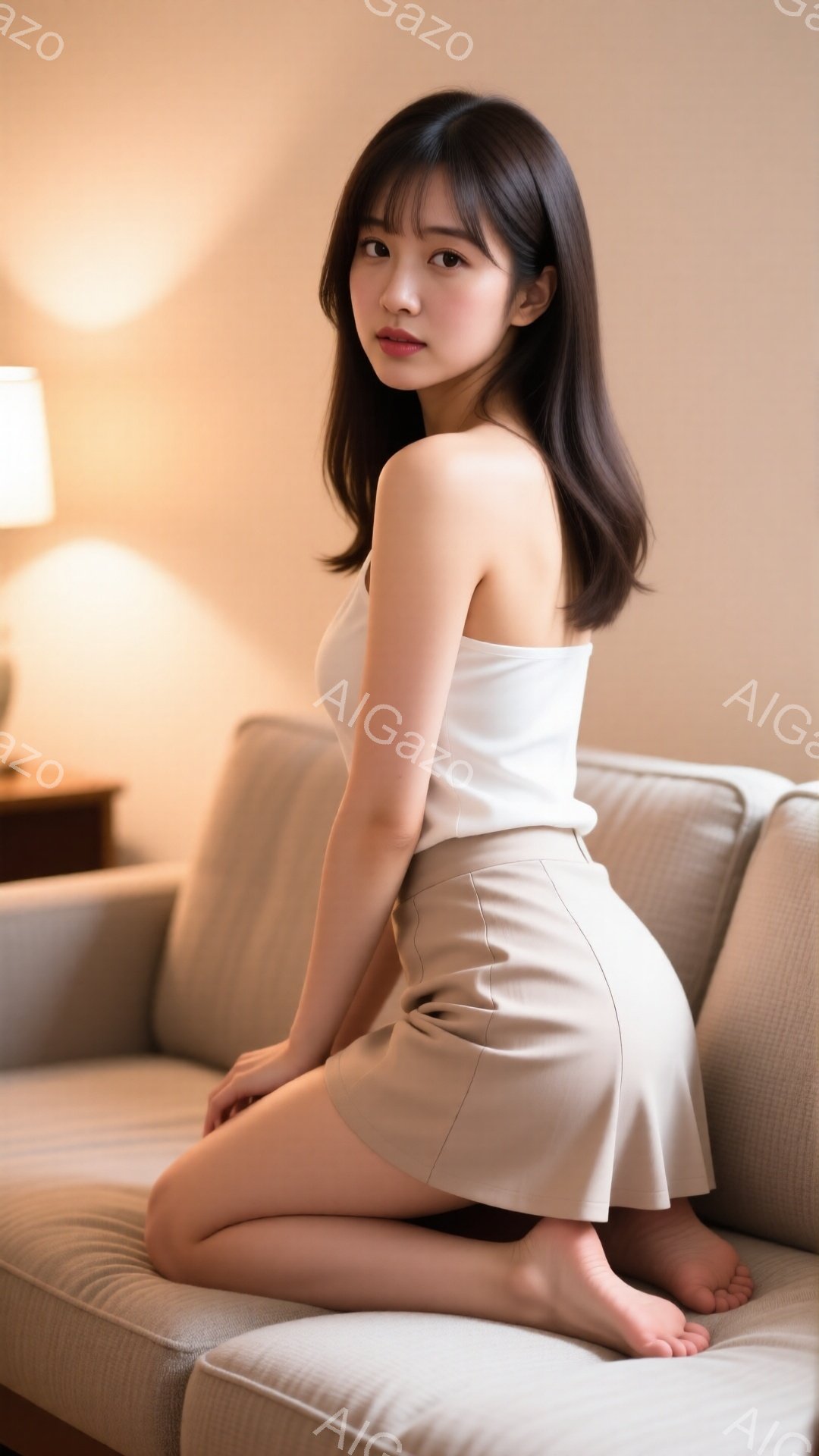 長いダークブラウンの髪は肩にかかり、前髪は額にかかっています。ベージュのタンクトップとミニスカートを身につけ、ベージュ色のソファに膝を曲げて座っています。背景は明るいベージュ色で、間接照明が暖かく、リラックスした雰囲気です。