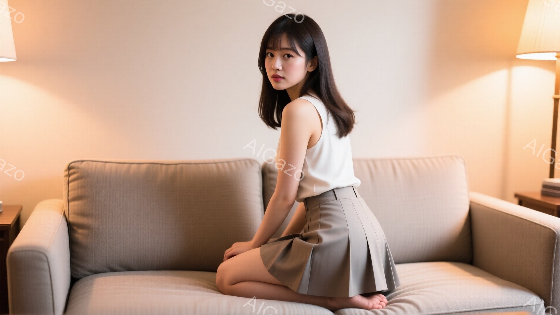 明るい室内で、若い女性がベージュ色のソファに座ってこちらを見ている。白いタンクトップとグレーのフレアスカートを身につけ、素足でリラックスした様子だ。彼女は肩までの長さの黒髪で、穏やかな微笑みを浮かべて - AI生成フリー素材