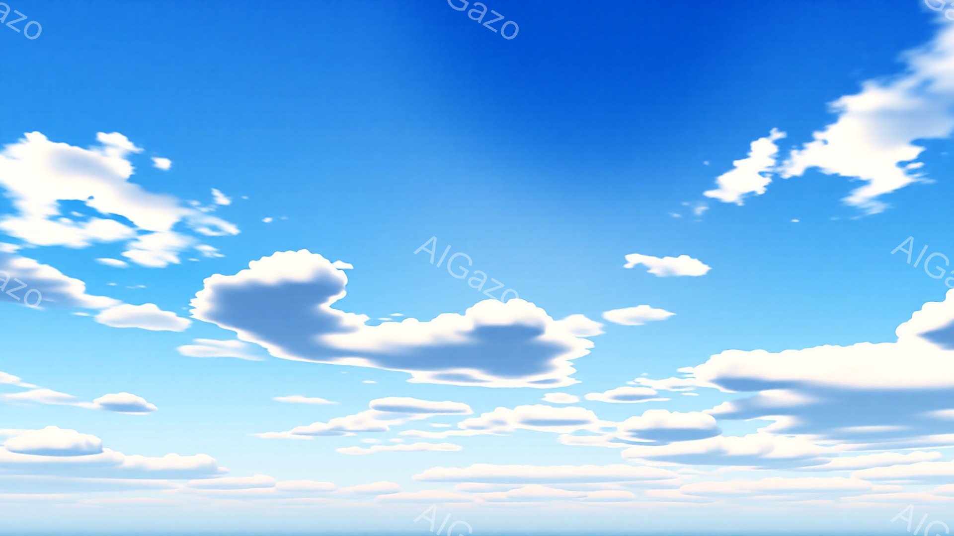 広大な青空にふわふわとした白い雲が浮かんでいます。雲は様々な形をしており、まるで綿菓子のようです。下部は明るい水面のような青いグラデーションが広がっており、穏やかで開放的な雰囲気を醸し出しています。