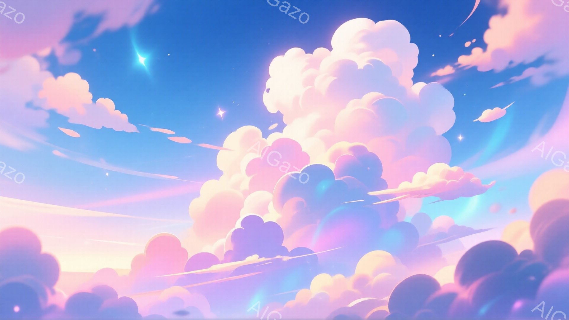 空は淡いピンクと紫、そして青が混ざり合い、幻想的なグラデーションを描いている。ふわふわとした雲が空を満たし、まるで綿菓子のような優しい印象を与える。ところどころに輝く星が散りばめられ、夢のような、ロマンチックな雰囲気を醸し出している。