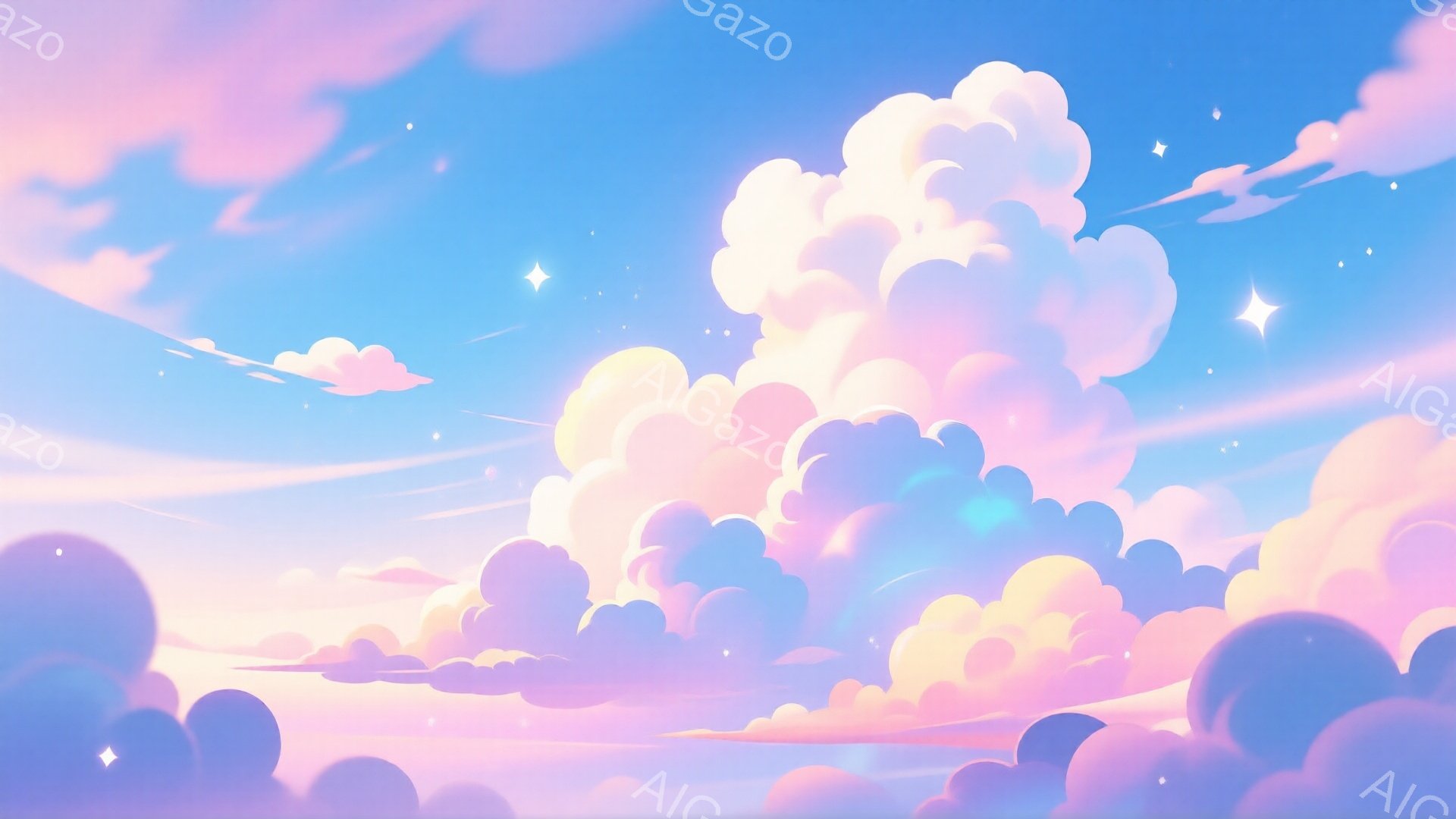 鮮やかなピンク、紫、水色の雲が空一面に広がり、夢のような光景を作り出しています。雲はふっくらとしており、夕焼けまたは夜明けの柔らかな光に照らされています。所々に星が散りばめられており、幻想的で穏やかな - AI生成フリー素材