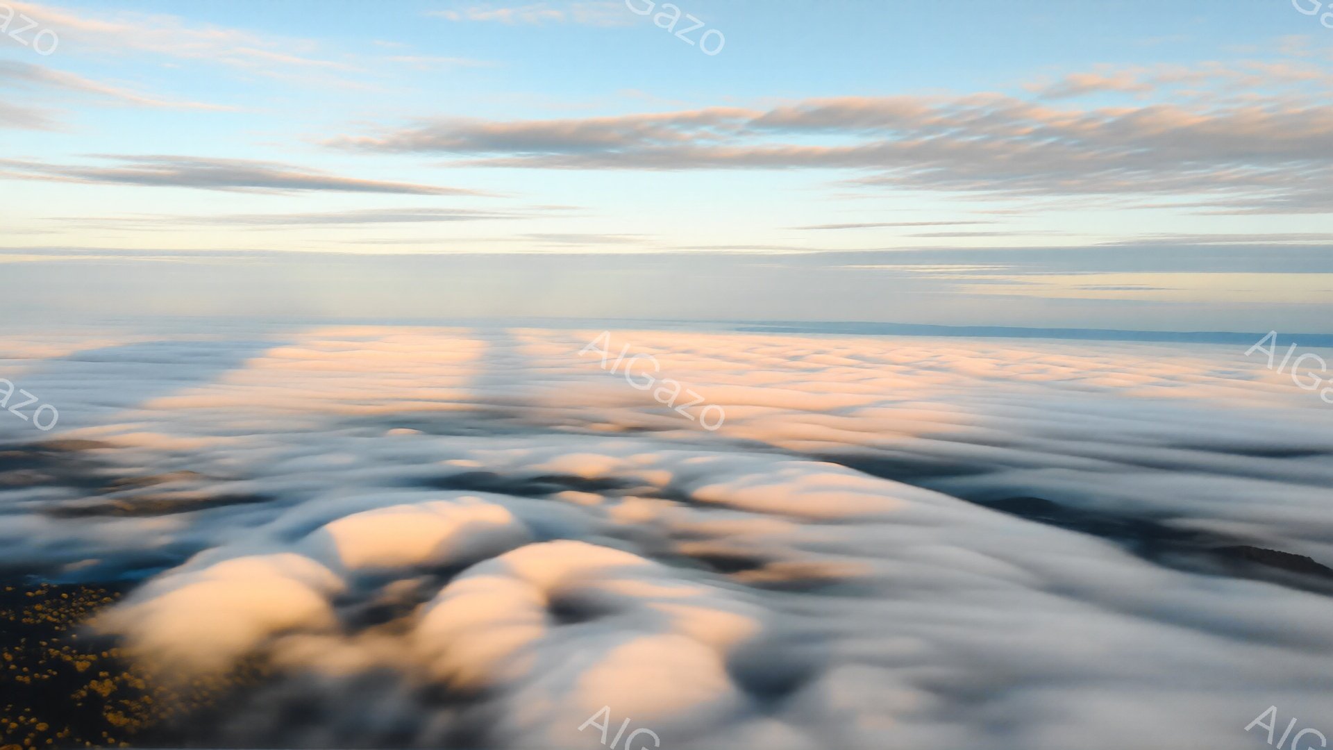 雲海が広がり、まるで白い波が連なっているかのような壮大な光景が広がっています。朝日の光が雲の山々を照らし、暖かく穏やかな雰囲気を醸し出しています。空には薄い雲が広がり、静寂と神秘的な美しさを強調しています。