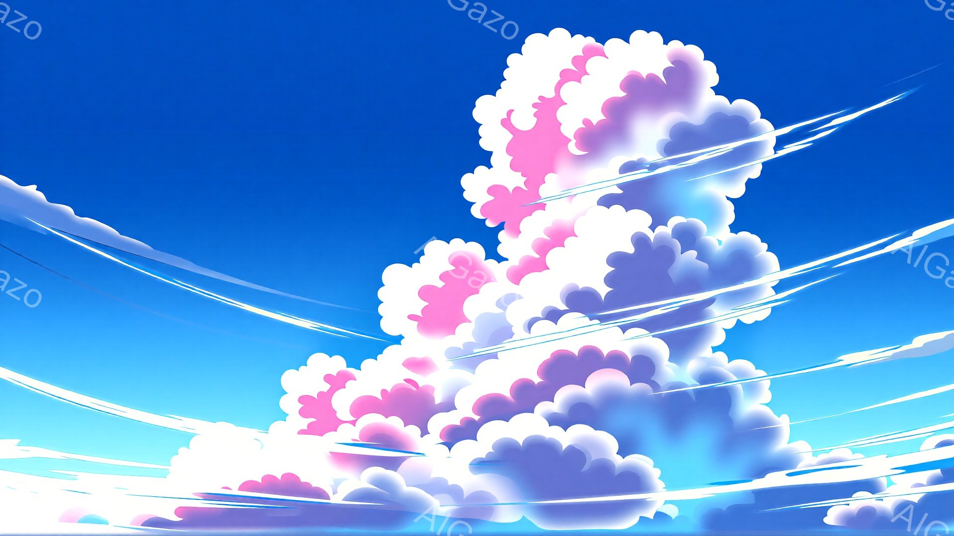 鮮やかな青空を背景に、ピンクと紫を帯びたふわふわとした雲が大きく広がっています。雲はまるで巨大な綿菓子のように見え、白っぽい光が辺りを照らしています。空には白い線が幾本か走り、雲の幻想的な雰囲気をさら - AI生成フリー素材