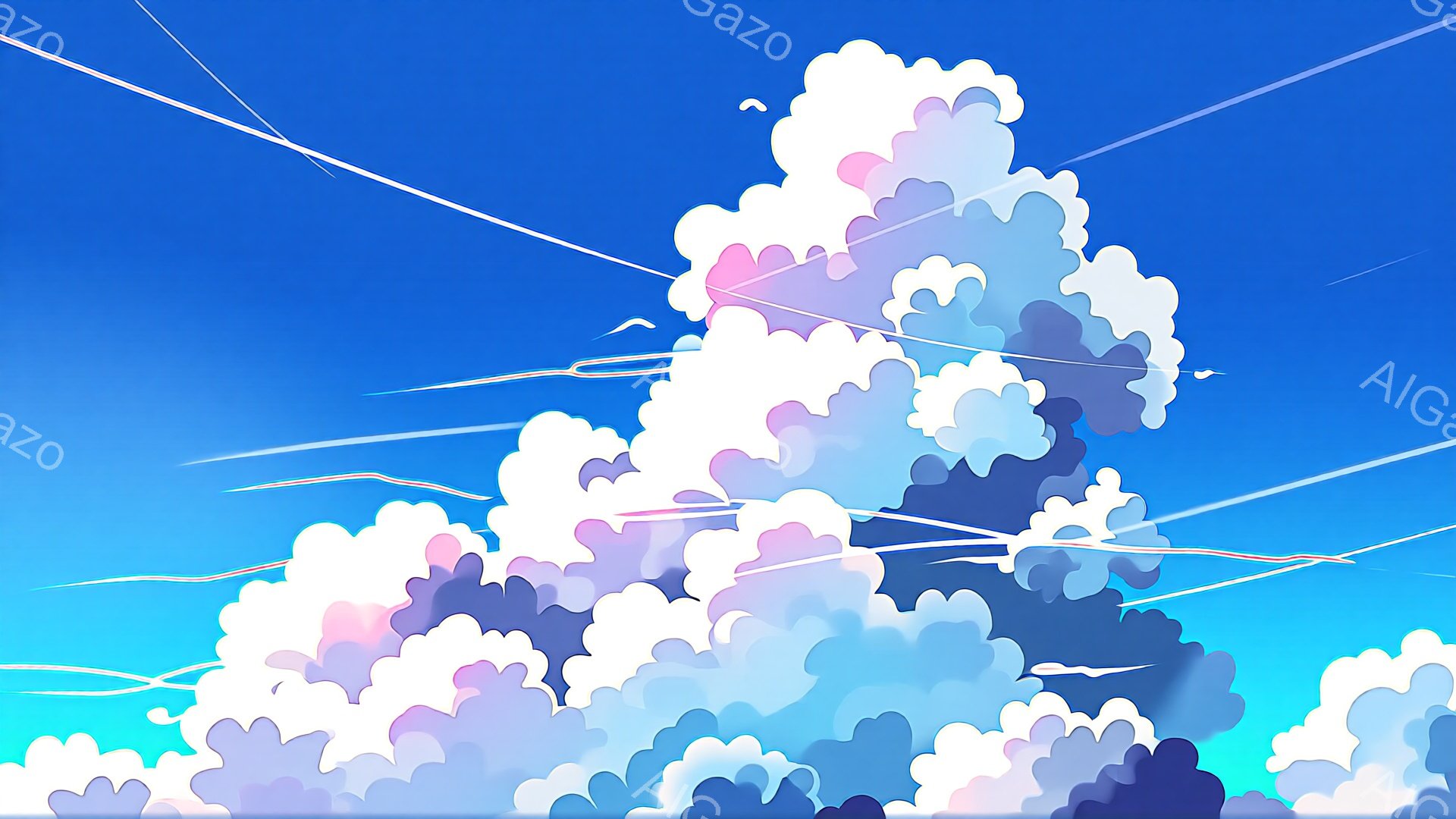 鮮やかな青空に、もくもくと湧き上がる白い雲が広がっています。雲は淡い紫や水色を帯びており、まるで絵の具を混ぜたような美しいグラデーションを描いています。空を横切る赤い飛行機の航路が、雲のコントラストを際立たせています。