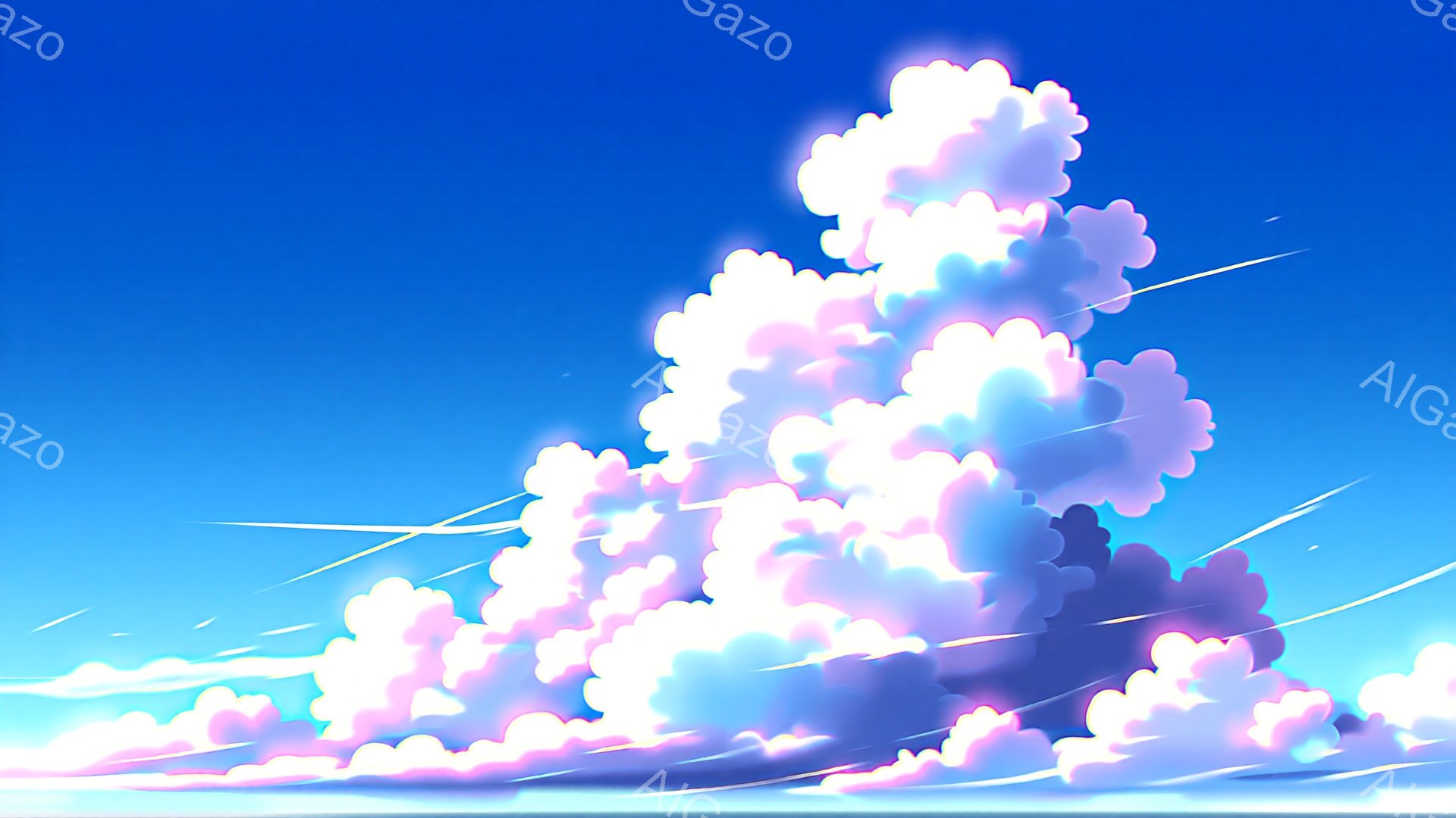 鮮やかな青空に、ピンクと紫がかった白い雲が大きく広がっています。雲はまるで巨大な塔のように積み重なり、光の加減でその形が強調されています。空には飛行機の航路と思われる白い線が数本伸びており、穏やかで幻想的な雰囲気を醸し出しています。