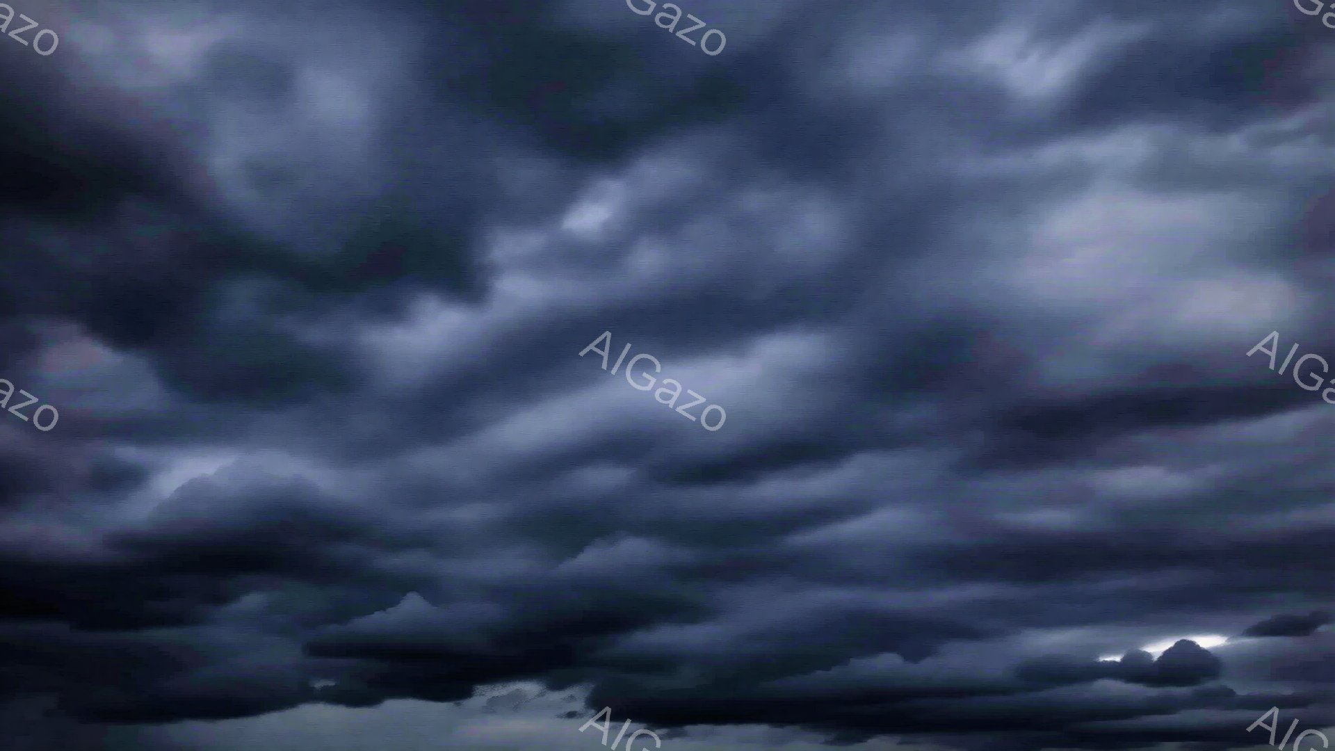 濃い雲が空全体を覆っており、重々しい雰囲気を作り出している。雲の形は複雑で、暗いグレーと黒の色合いが、嵐が近づいていることを暗示している。わずかに光が差し込んでおり、雲の端を明るく照らし出しているが、 - AI生成フリー素材