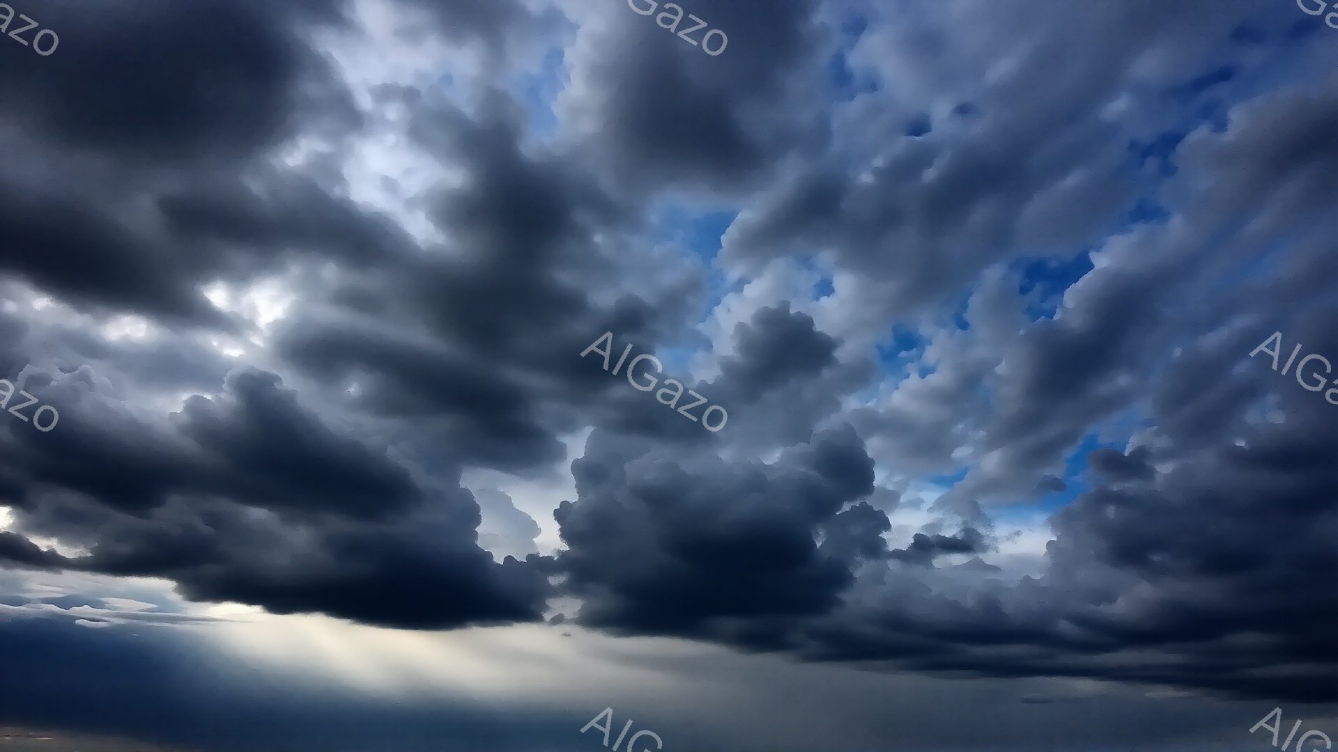 濃い灰色の雲が空を覆い、重々しい雰囲気を作り出しています。雲の隙間からわずかに青い空が見え、薄明かりが差し込んでいます。そのコントラストは、嵐の前や嵐の後の静けさを連想させます。 - AI生成フリー素材