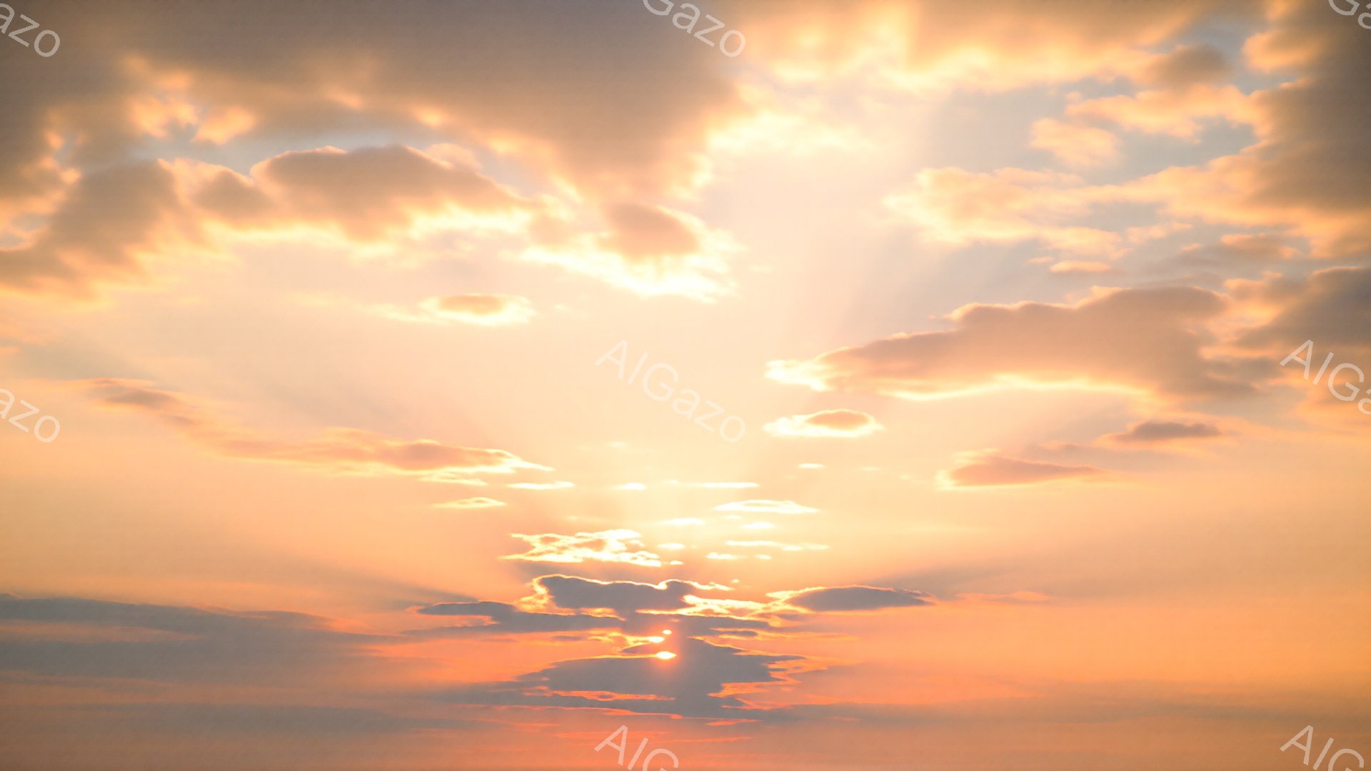 強烈なオレンジと黄色の光が雲の間から放射し、まるで天国への入り口のような壮大な光景を作り出しています。雲は様々な形を持ち、燃えるような夕焼けの色合いで染められています。全体的に暖かく、希望に満ちた、そして畏敬の念を抱かせるような雰囲気です。