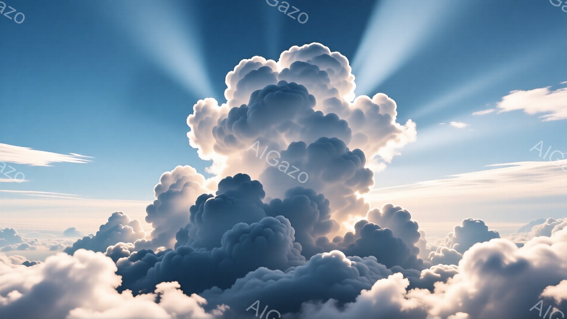 巨大な積乱雲が空を覆い、強い日差しが雲の隙間から差し込んでいる。雲は暗いグレーと明るい白のコントラストが強く、まるで山脈のような複雑な形をしている。青空と白い雲の組み合わせが、壮大で神聖な雰囲気を醸し出している。