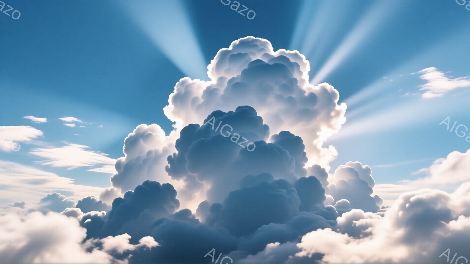 広大な青空に、巨大な積乱雲がそびえ立っている。雲は白とグレーの陰影が混ざり合い、力強く、もくもくと空へ伸びている。太陽光線が雲の隙間から差し込み、壮大でドラマチックな雰囲気を醸し出している。 - AI生成フリー素材