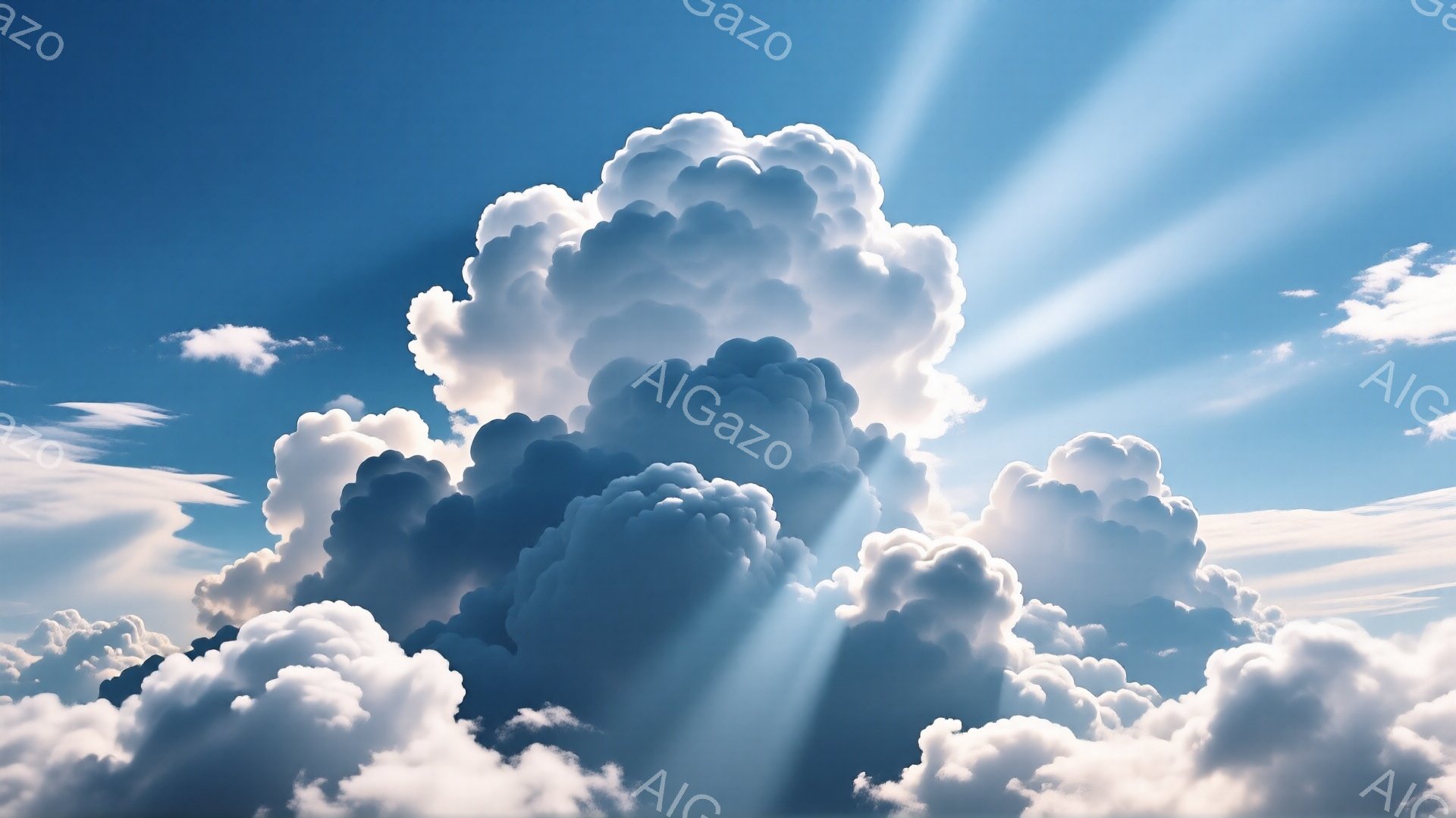 鮮やかな青空に、巨大な積乱雲がそびえ立っている。雲は白くふっくらとしており、強い日差しが雲の隙間から差し込み、神々しい光芒を生み出している。全体的に力強く、壮大な自然の息吹を感じさせる。