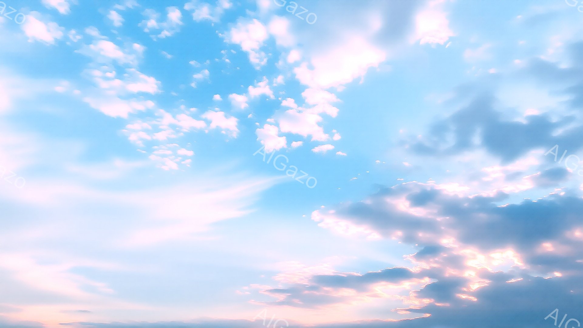 空は淡い水色からピンク色へとグラデーションを描き、雲がふんわりと広がっている。雲の一部は夕日の光を浴びて、金色やオレンジ色に輝き、幻想的な雰囲気を醸し出している。全体的に穏やかで暖かく、希望に満ちた空 - AI生成フリー素材