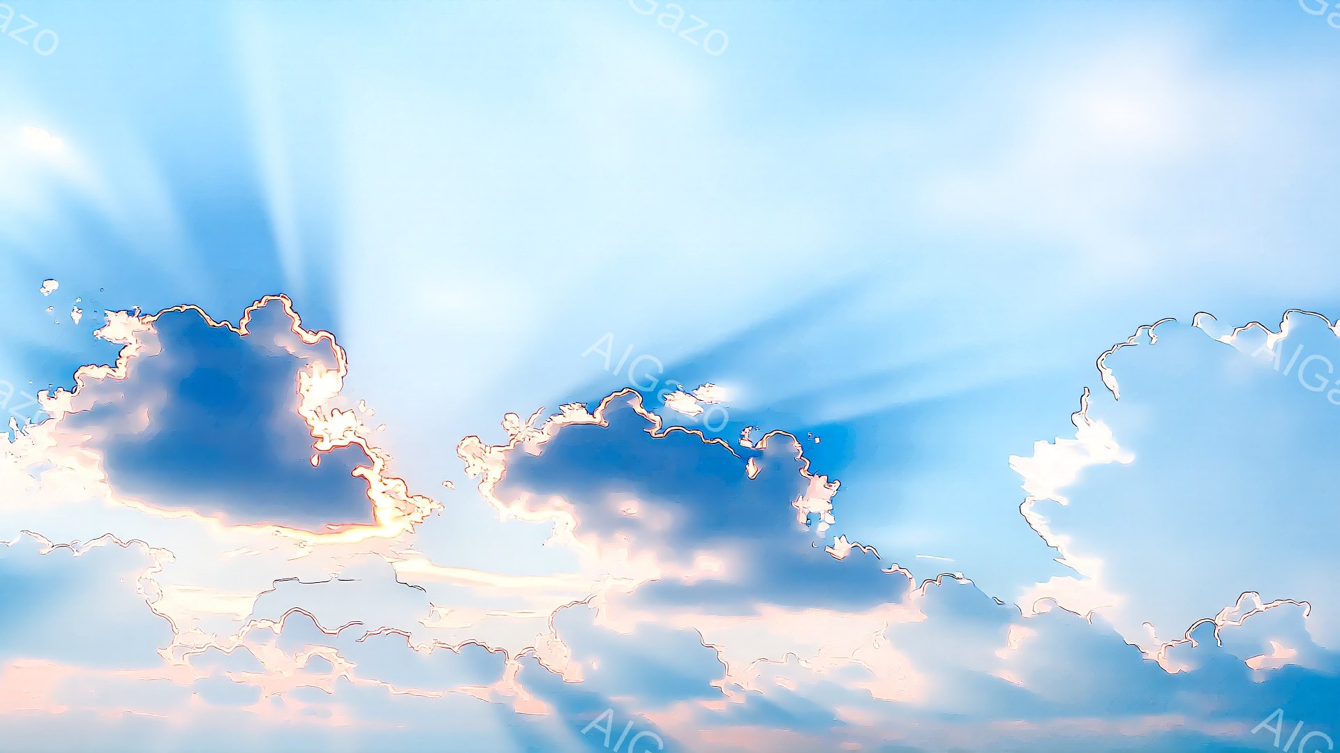 空は鮮やかな青色で、ふっくらとした白い雲が浮かんでいます。雲の縁は金色に縁取られ、まるで絵画のような幻想的な雰囲気を醸し出しています。太陽光線が雲の間から差し込み、希望に満ちた穏やかな情景を作り出して - AI生成フリー素材