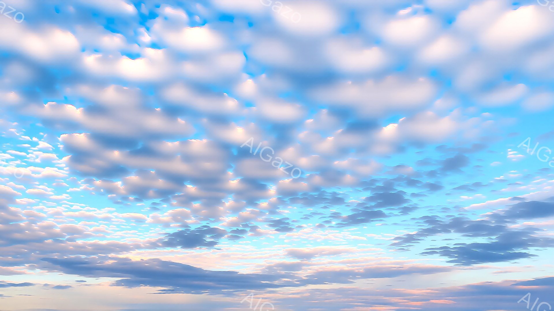 広大な空には、白いもくもくとした雲がびっしりと広がっています。空は明るい水色から薄いピンク色へとグラデーションを描き、まるで絵の具を混ぜ合わせたような美しい色彩を見せています。雲の形は独特で、まるで羊毛が散りばめられたようであり、穏やかで幻想的な雰囲気が漂っています。