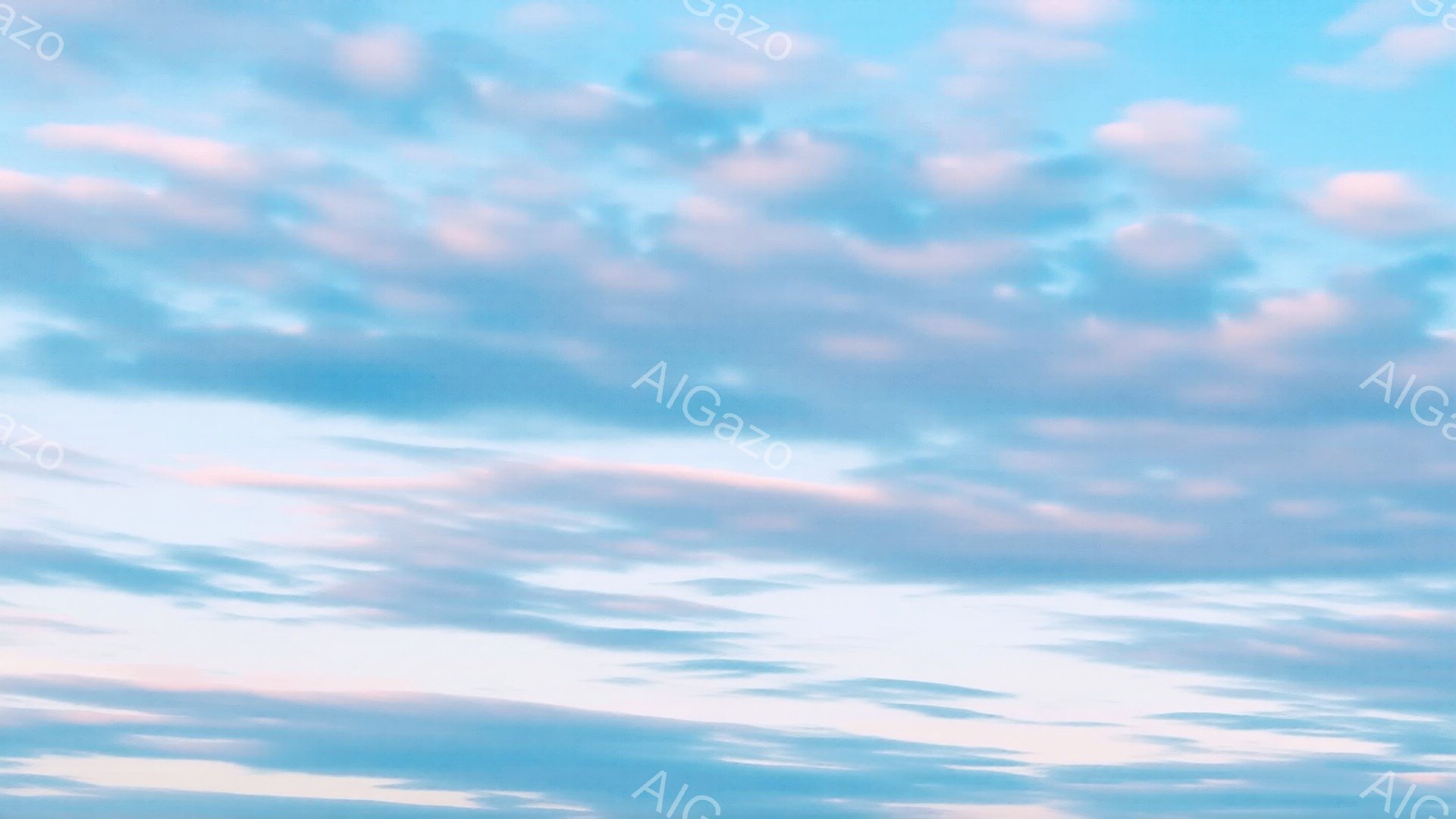 空は薄い水色と淡いピンク色の雲で覆われています。雲は繊細な筆致で描かれ、まるで水彩画のようです。全体的に穏やかで幻想的な雰囲気が漂い、静寂と安らぎを感じさせます。