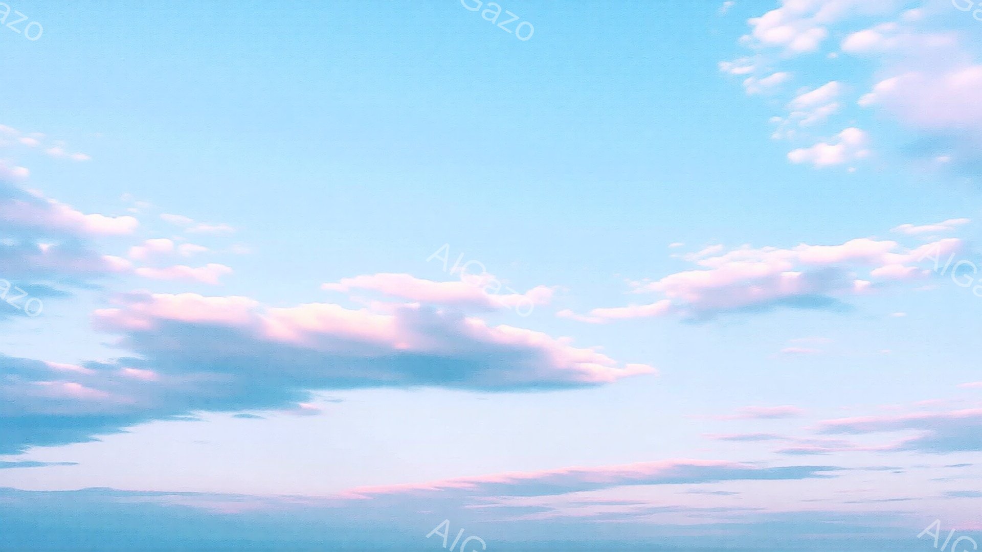 空は淡い水色から青へとグラデーションがかかり、所々に薄いピンク色の雲が浮かんでいる。雲はふっくらとしており、夕焼けや日の出の空を思わせる優しい雰囲気を作り出している。全体的に穏やかで、平和な情景が広が - AI生成フリー素材