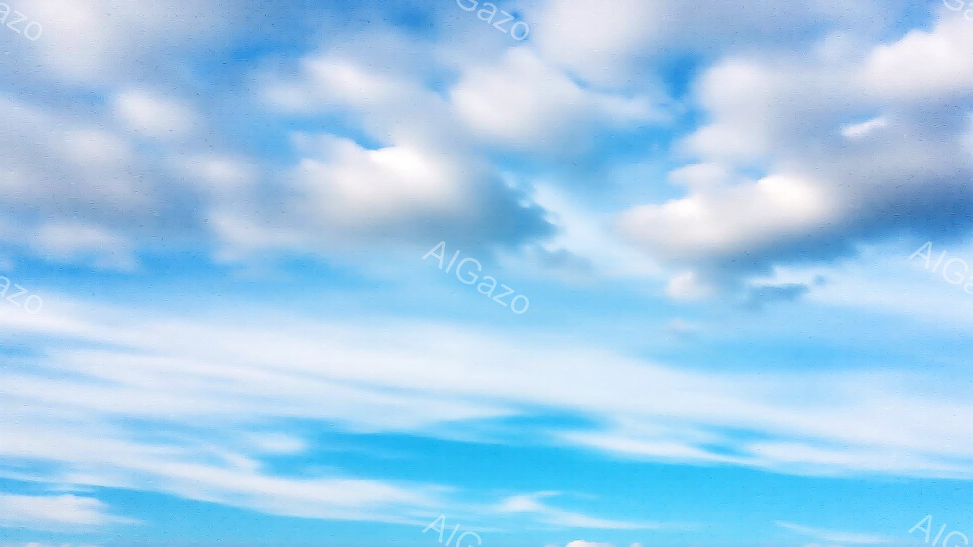 鮮やかな青空に、白い雲が広がり、まるで絵画のような風景だ。雲は様々な形をしており、一部は細く線状に、また一部はもふもふとした綿雲のようになっている。全体的に晴れ渡った空が、穏やかで開放的な雰囲気を醸し出している。