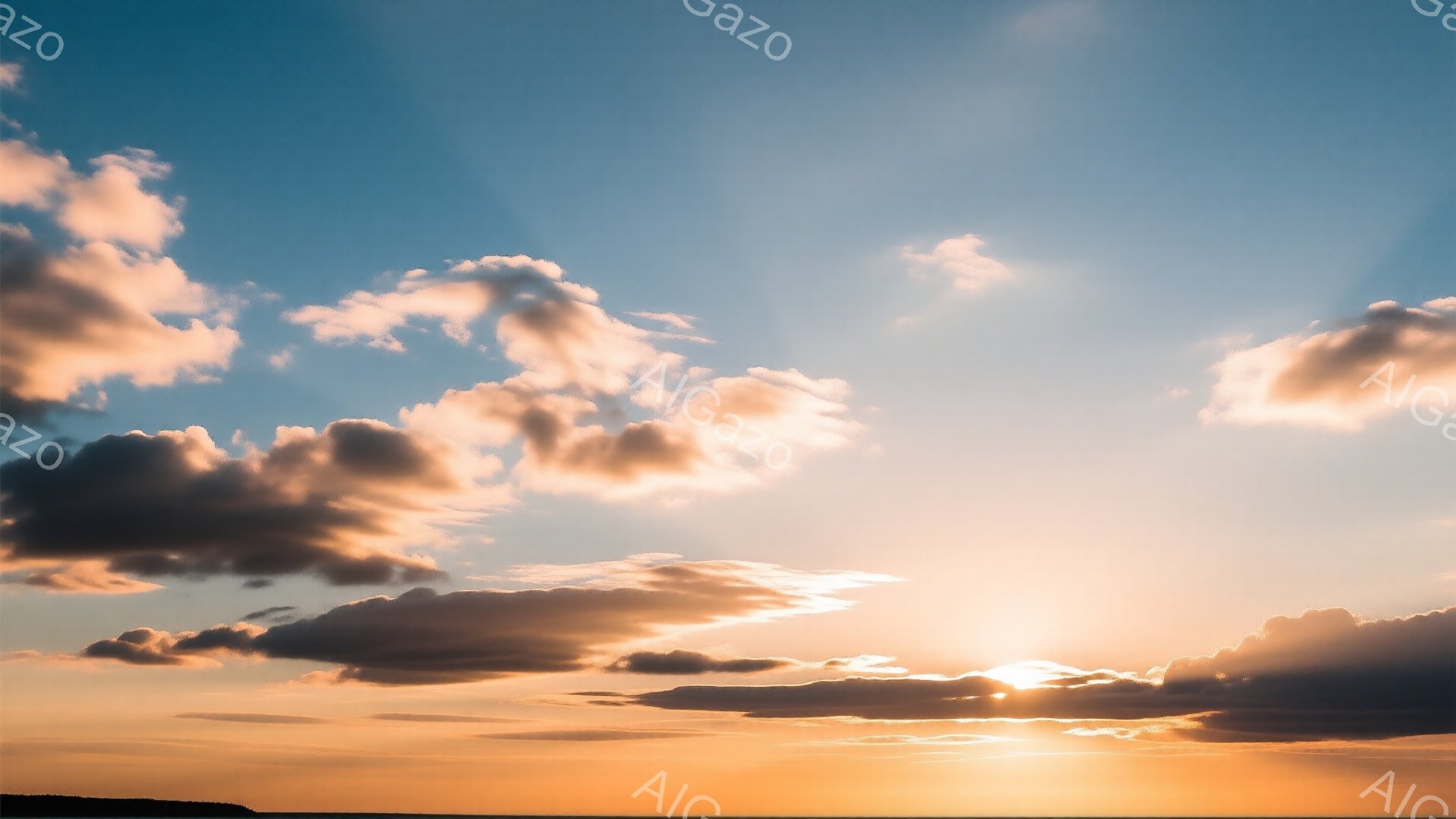 空は夕焼けでオレンジと黄色のグラデーションが広がっており、雲がその光を浴びて金色に輝いている。地平線付近では太陽が雲に隠れて、強い光が放射状に広がっている。穏やかな自然の風景で、静寂で美しい雰囲気が漂 - AI生成フリー素材