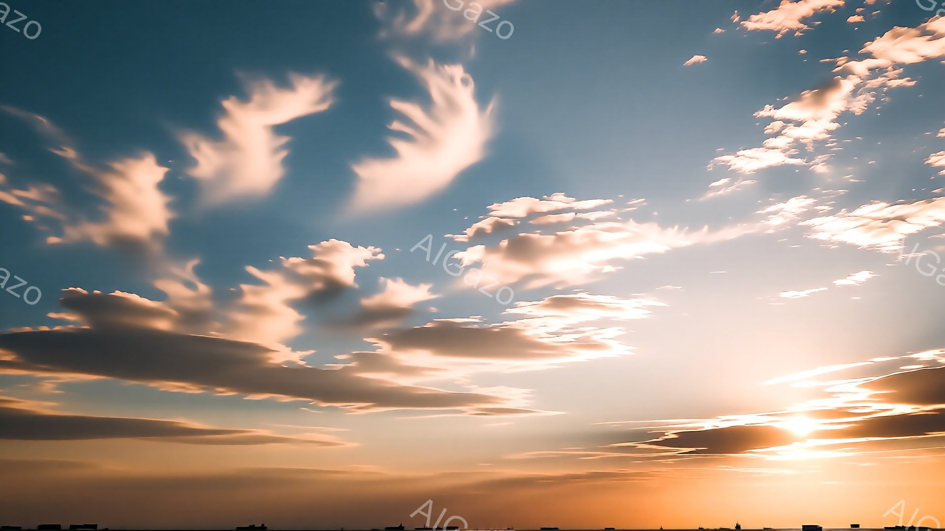 広大な空にオレンジ色の夕焼けが広がり、雲が幻想的な形をしています。地平線には建物のシルエットが薄く見え、穏やかで暖かい雰囲気を醸し出しています。太陽の光が雲を照らし、鮮やかな色彩とコントラストを生み出 - AI生成フリー素材