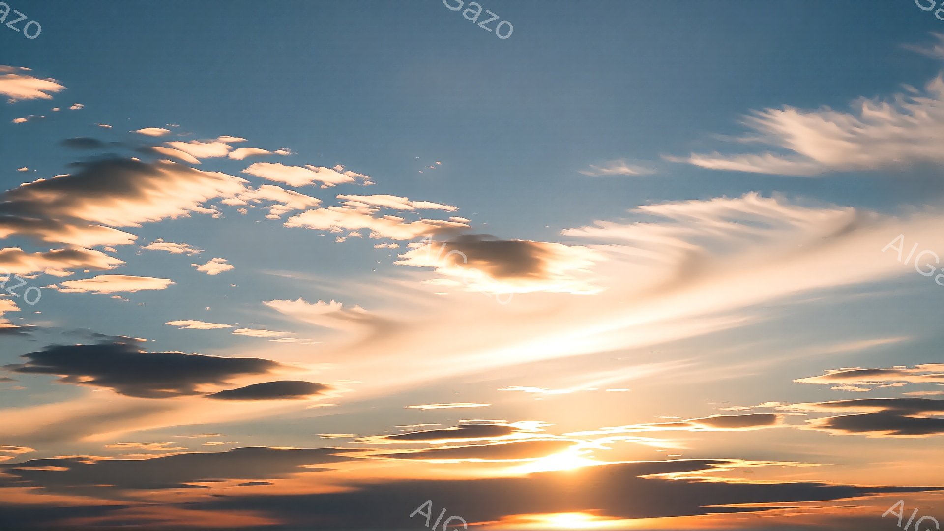 鮮やかな夕焼け空が広がっており、オレンジと金色の光が雲を照らしています。雲は様々な形をしており、空全体にドラマチックな模様を作り出しています。暖かく、穏やかで、希望に満ちた雰囲気が漂っています。