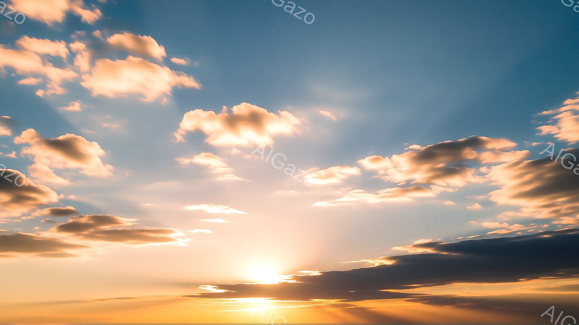 空は明るいオレンジ色から青色へとグラデーションがかかっており、太陽が雲の間から強く輝いている。雲は白とグレーのコントラストが強く、光が差し込むことで縁が金色に染まっている。全体的に穏やかで希望に満ちた、神聖な雰囲気が漂っている。