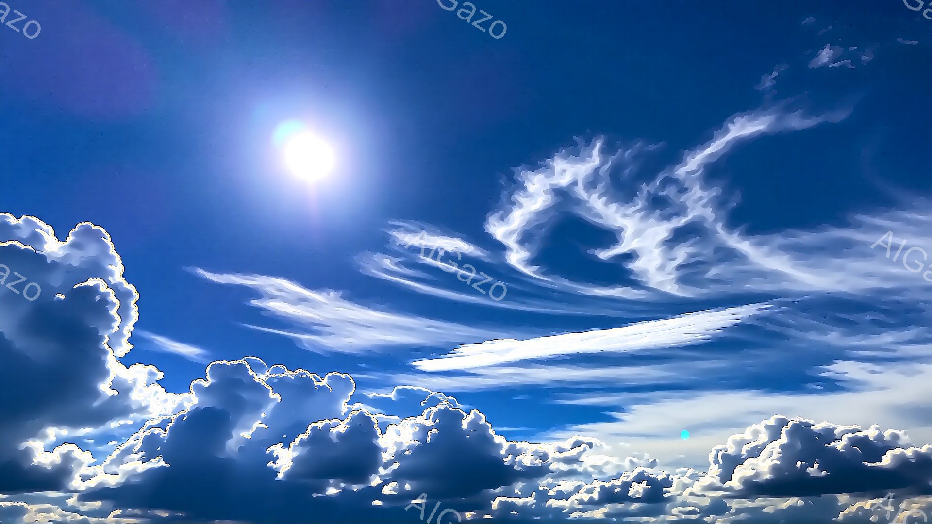 青空に白い雲が広がり、太陽が雲間から輝いている様子が捉えられています。雲は、もくもくと高く積み重なり、まるで白い山脈のようです。全体的に爽やかで、晴れた日の開放的な雰囲気が漂います。 - AI生成フリー素材