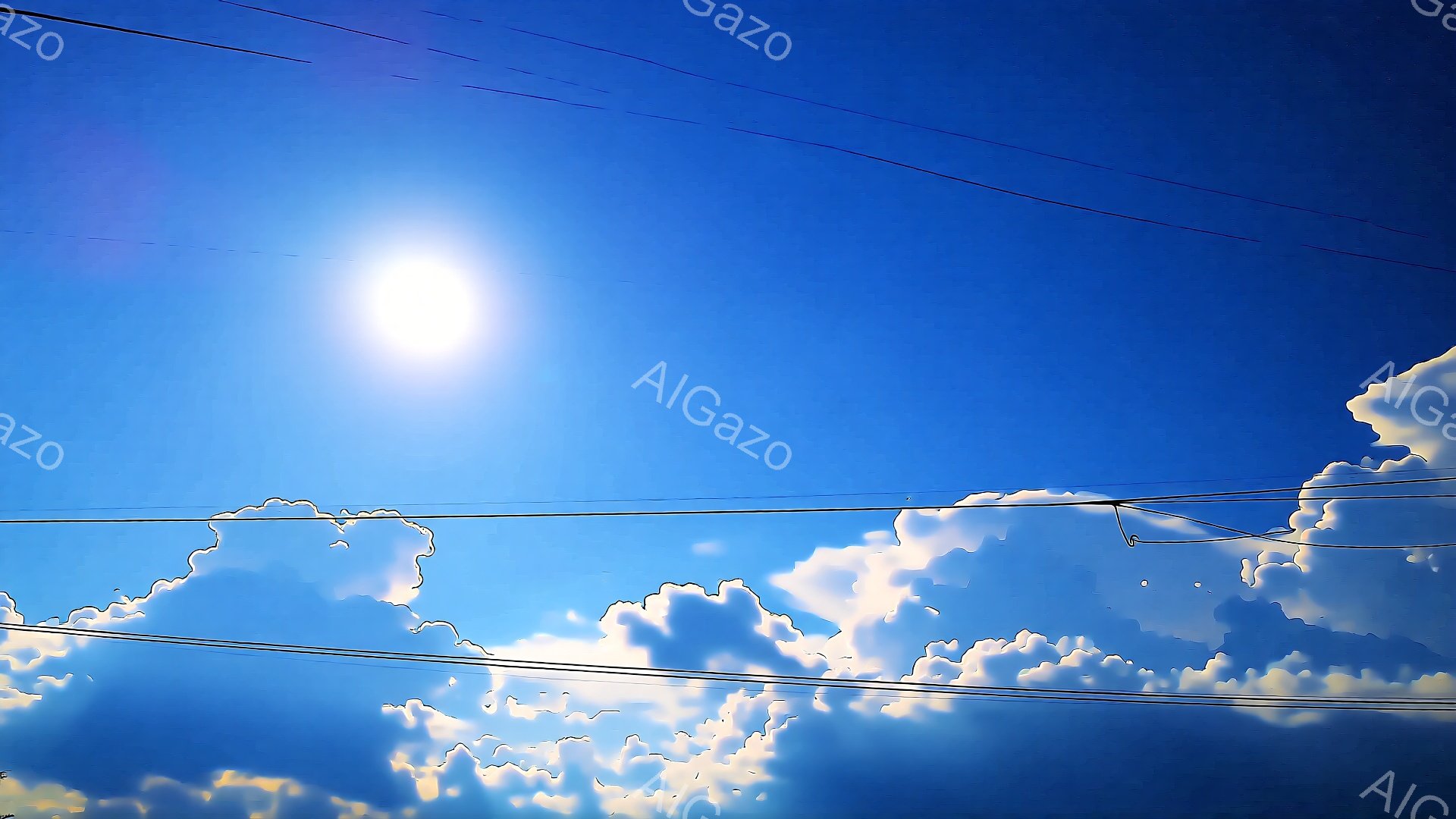 鮮やかな青空に白い雲が浮かび、太陽が照りつけています。電線が画面上部を横切り、雲とのコントラストを生み出しています。全体的に明るく、開放的な夏の日の雰囲気が漂っています。