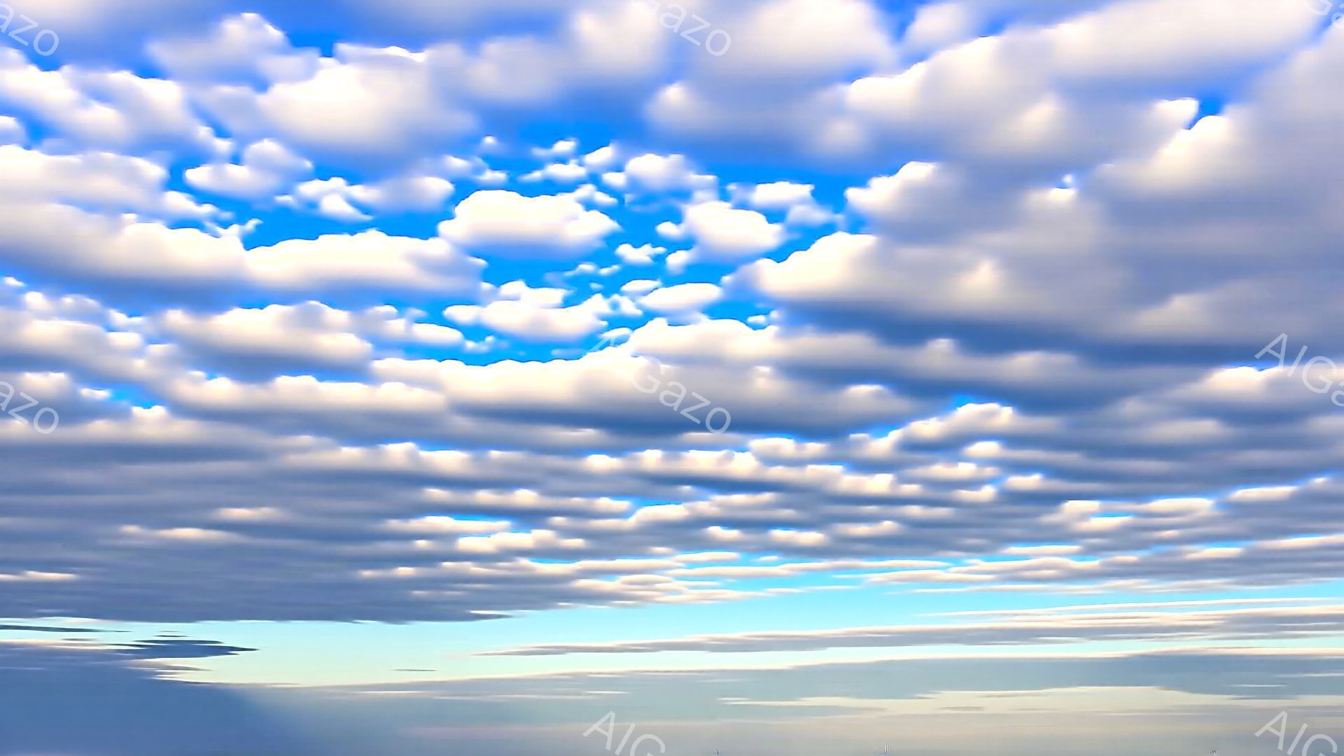空一面にうろこ雲が広がっており、まるで波のような規則的な模様が印象的です。空は明るい青色から徐々に薄い灰色へと変化し、地平線付近は霞んでおり、穏やかで静かな雰囲気を醸し出しています。この雲の形と空の色合いは、穏やかな春または秋の日の穏やかな天候を示唆しています。