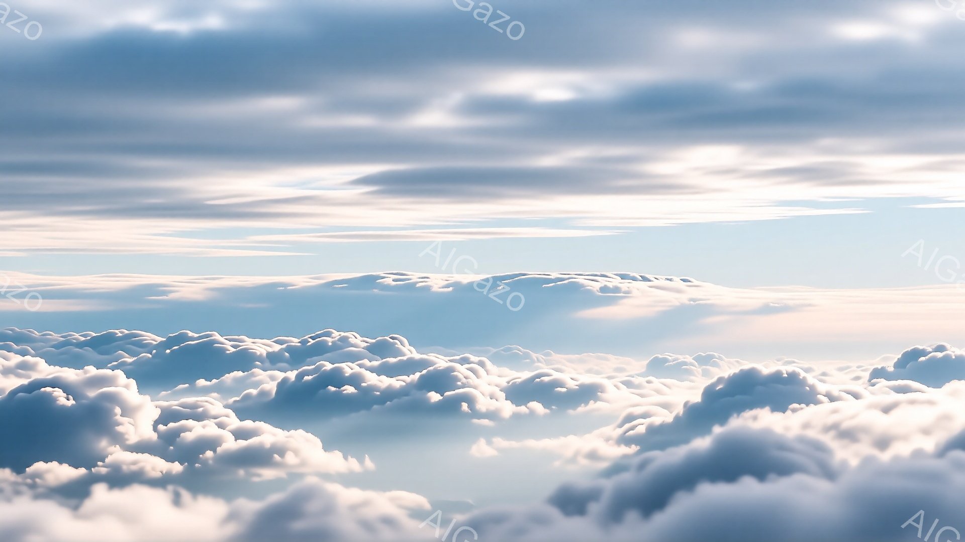 広大な雲海が写真全体を覆っており、まるで白い波がどこまでも広がっているようだ。雲の合間から柔らかな光が差し込み、幻想的で静謐な雰囲気を醸し出している。空は薄い水色で、雲の白さと相まって、穏やかで平和な印象を与える。