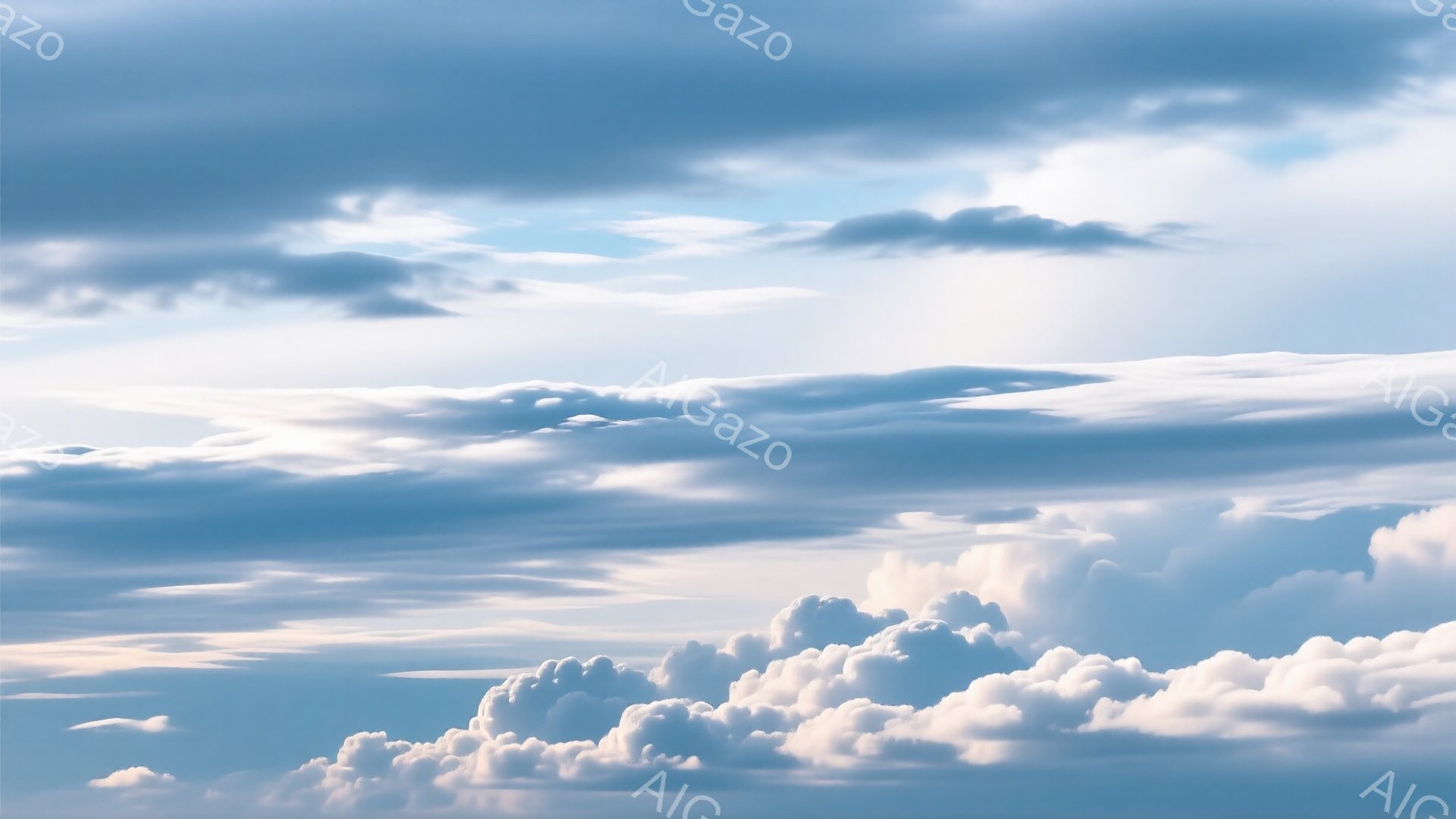 広大な青空に、ふわふわとした白い雲が綿のように広がっています。雲は様々な形をしており、太陽の光を浴びて明るく輝いています。穏やかで平和な雰囲気が感じられる、爽やかな空模様です。