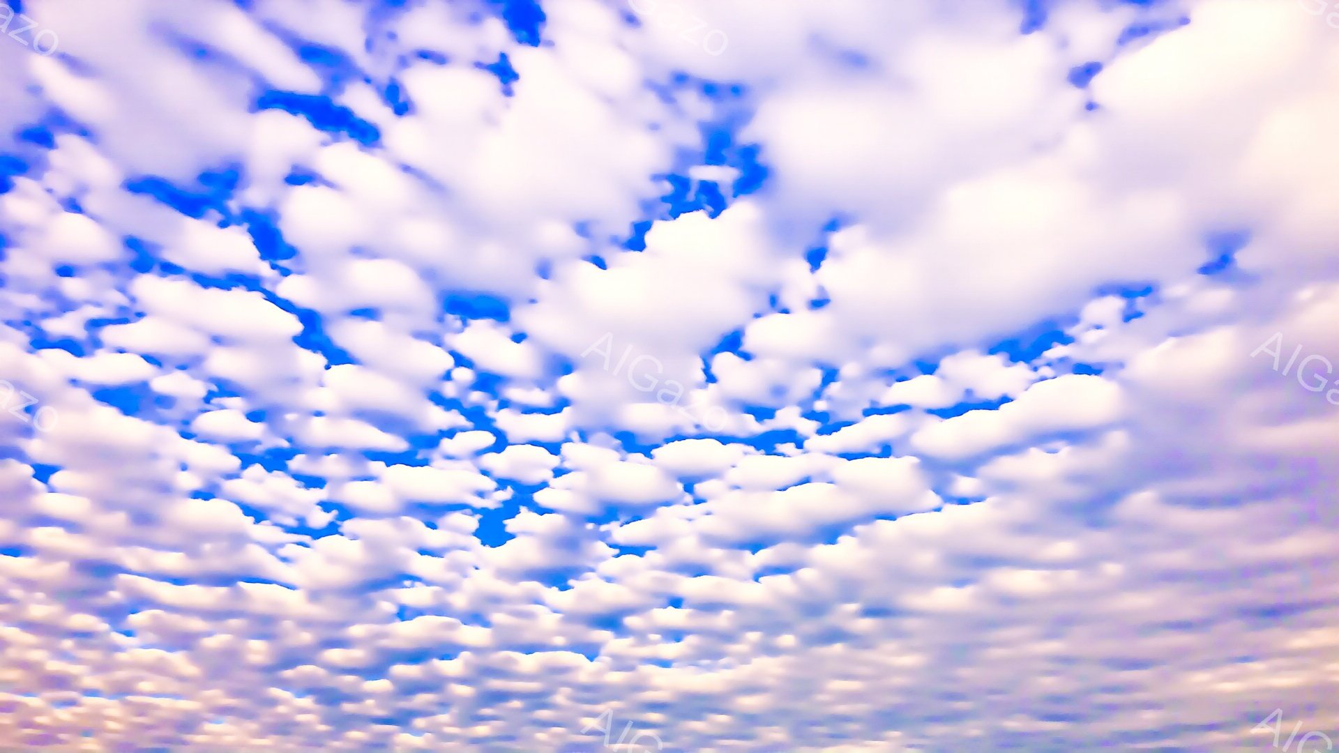 鮮やかな青空を覆い尽くす、まるで白い綿あめのような小さな雲が無数に広がっています。雲は規則的なパターンではなく、自然で有機的な形をしており、空全体にふわふわとしたテクスチャを与えています。明るい日差し - AI生成フリー素材