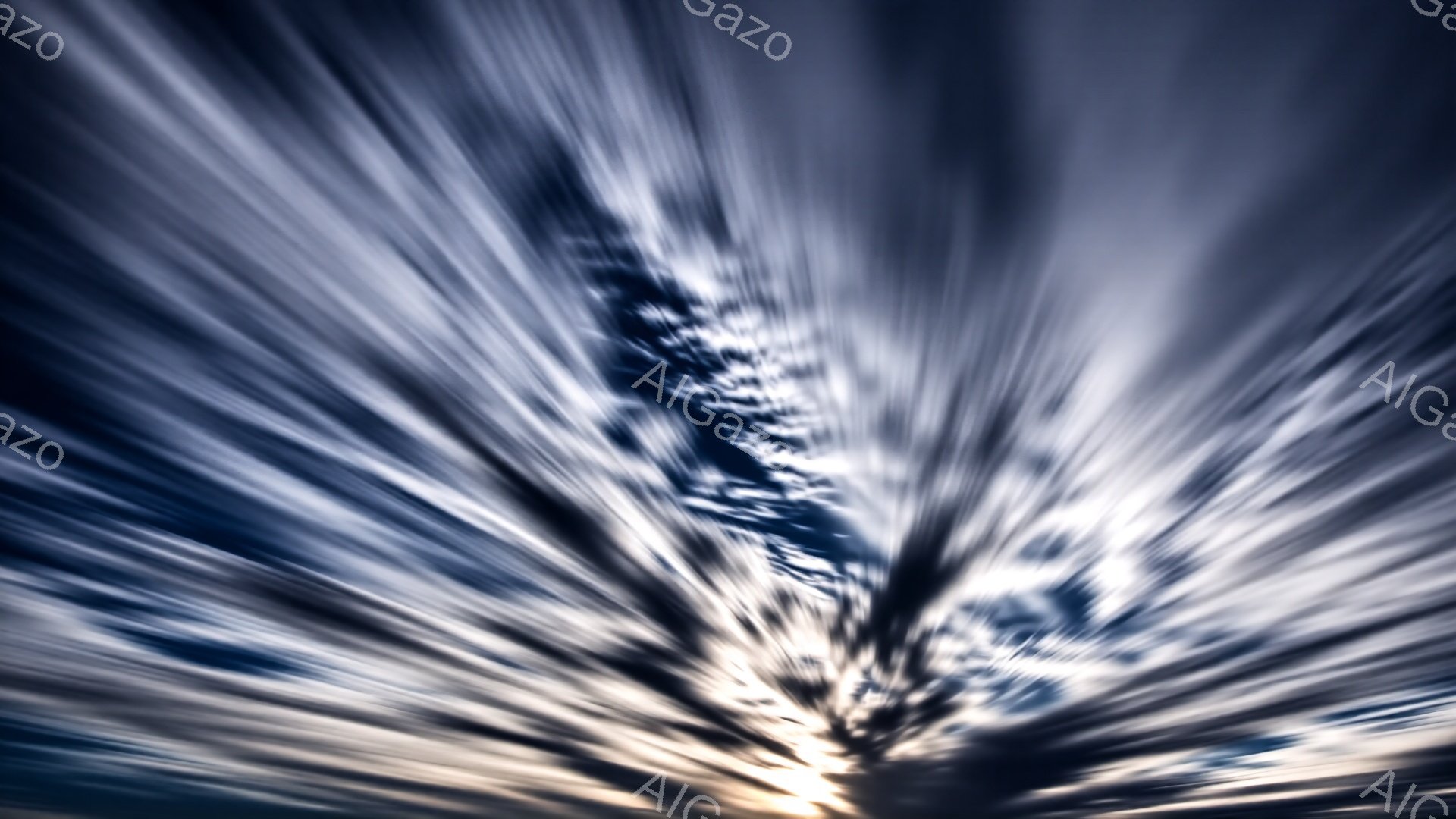 激しい動きのある雲が画面全体を覆っており、まるで光線が放射状に広がっているように見える。地平線付近には薄い光が見え、雲の暗闇と対照的である。全体的に力強く、ダイナミックな印象を与える抽象的な風景写真である。