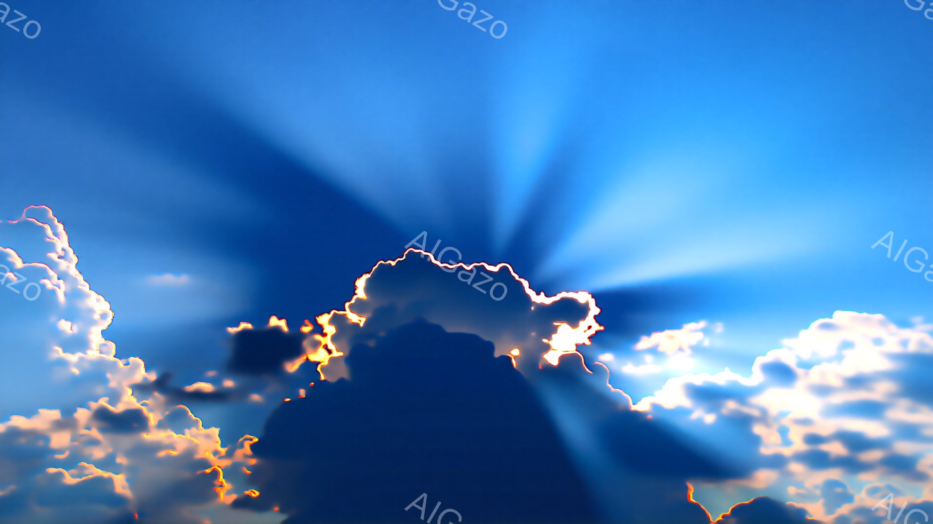 深い青空を背景に、暗い影を持つ雲が大きく描かれている。雲の縁は太陽光に照らされ、オレンジと白の輝きを帯びており、強い光線が雲の間から放射状に広がっている。 全体的に、力強くも神秘的な雰囲気を感じさせる空の風景だ。