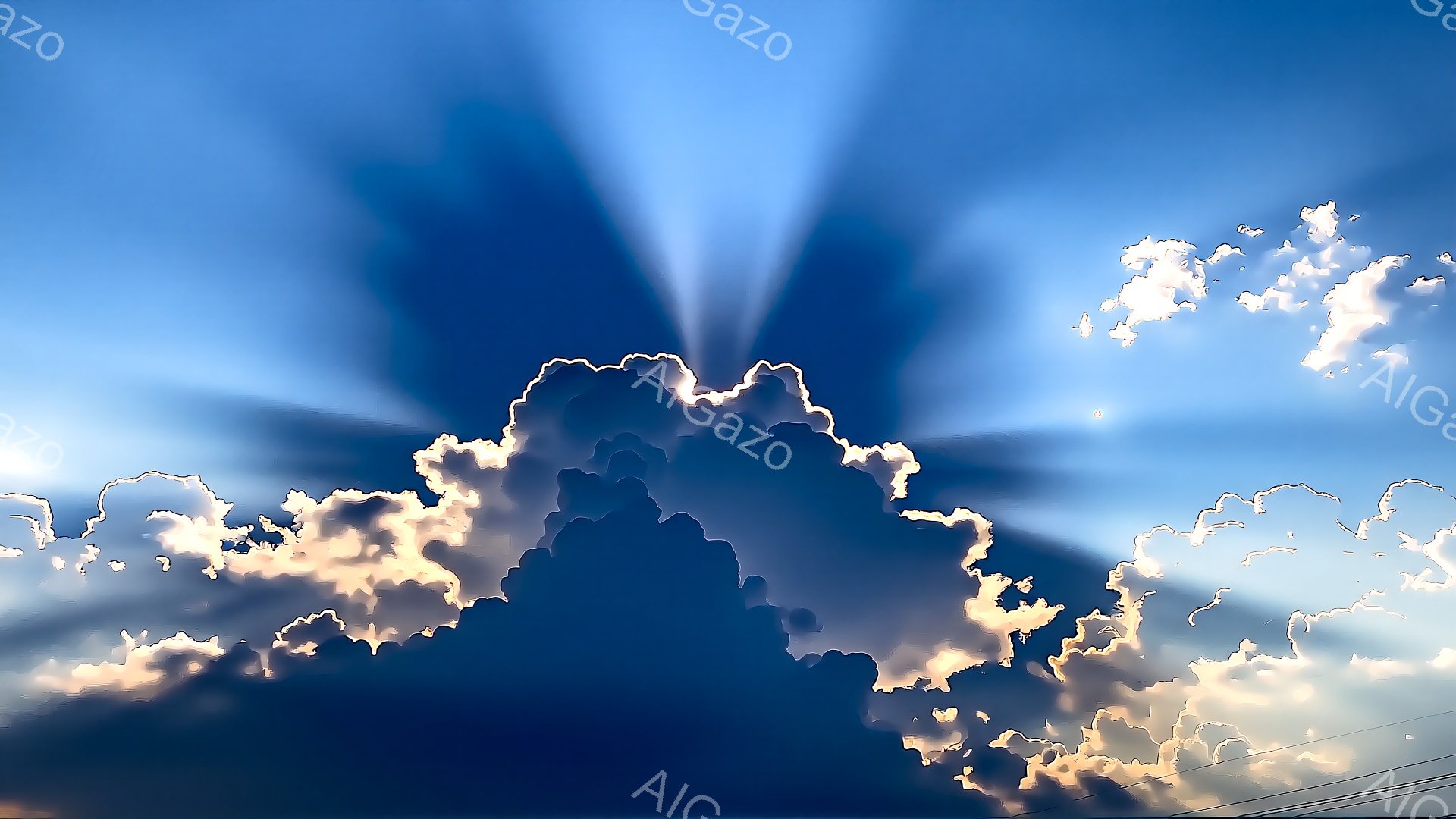 深い青空を背景に、白く輝く雲が大きく広がっています。雲はまるで山脈のように積み重なり、太陽の光が雲の隙間から放射状に差し込んでいます。空全体が明るく、希望に満ちた壮大な自然の光景です。