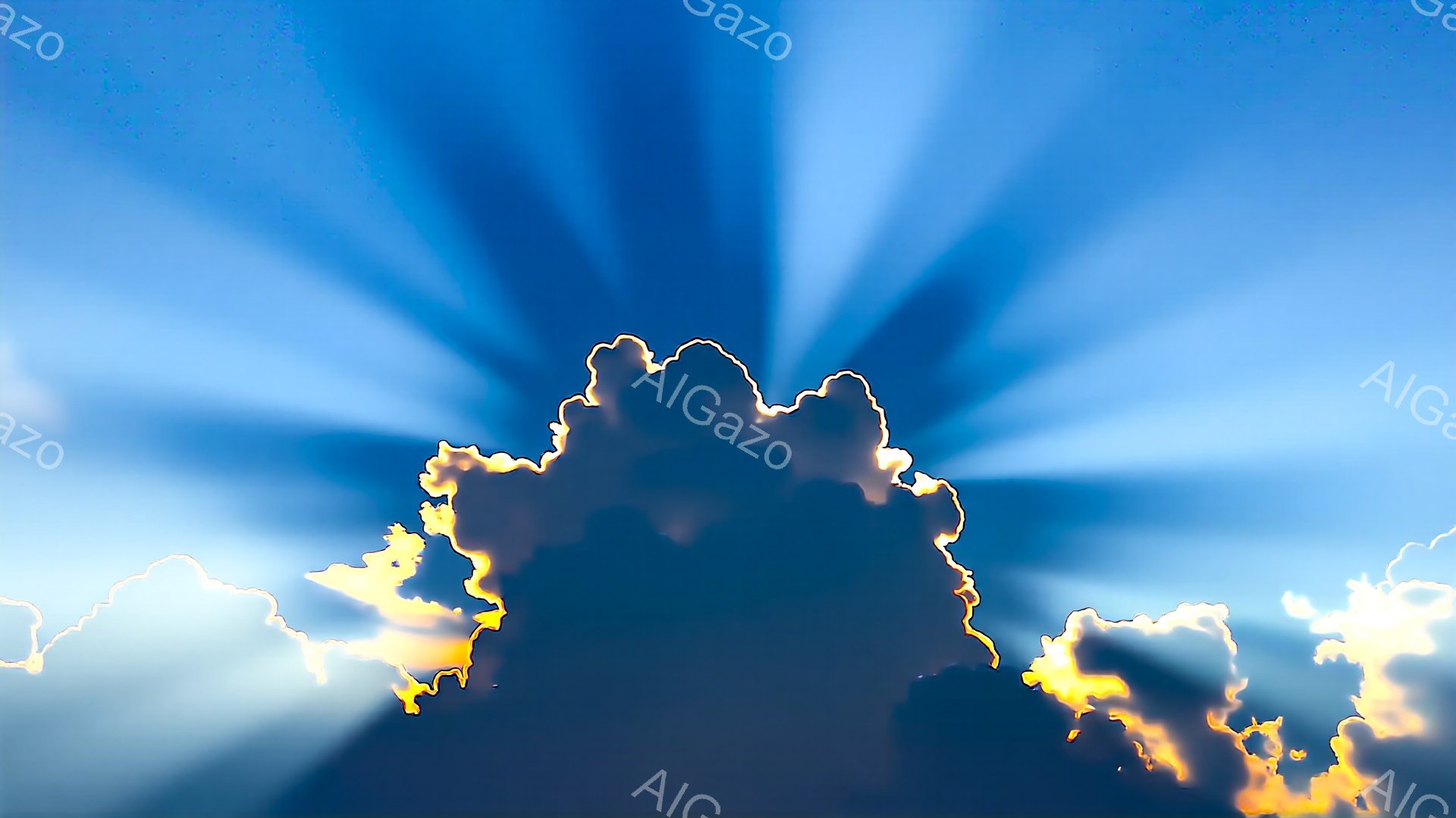 深い青色の背景に、黒いシルエットが中央に浮かび上がっています。シルエットの周囲は金色の光輪で縁取られており、まるで聖なる存在やエネルギーを放つ人物のようにも見えます。背景には、光の線が放射状に広がっており、神秘的で荘厳な雰囲気を醸し出しています。