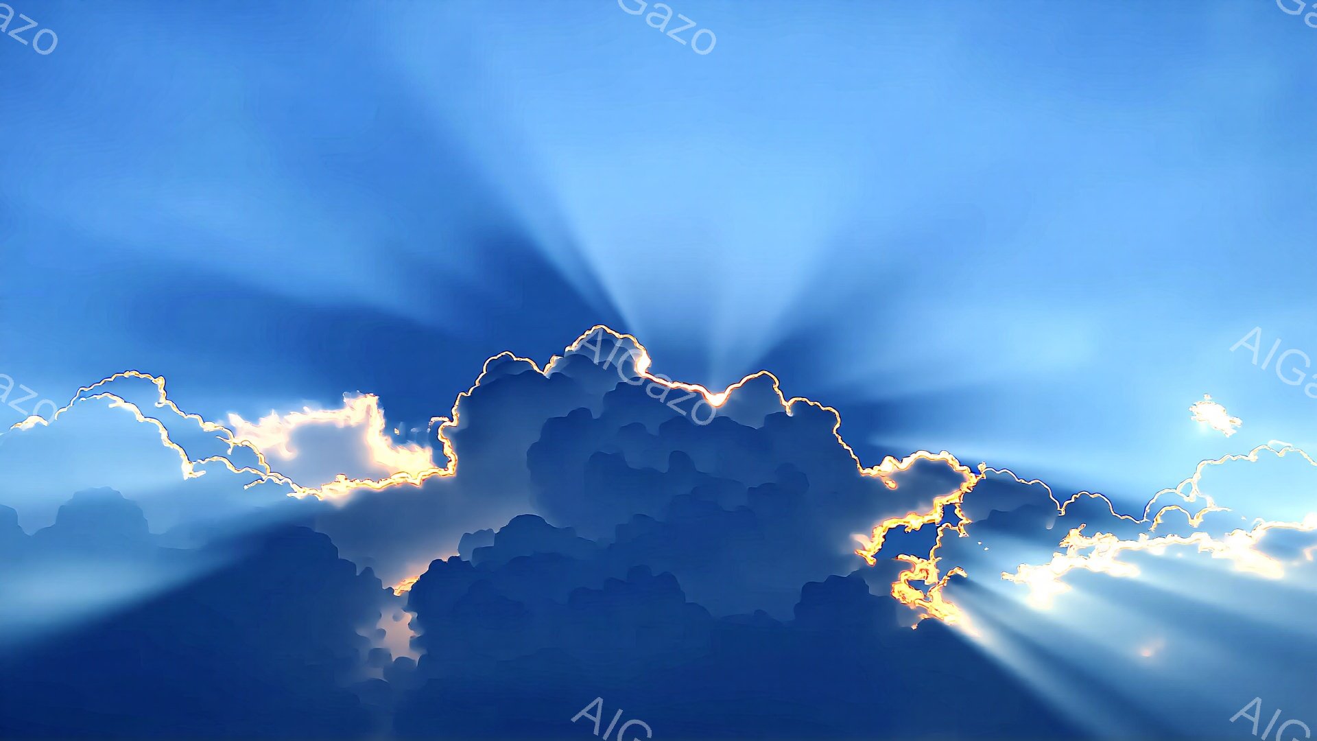 濃い青色の空を背景に、白く輝く雲が広がっています。太陽光線が雲の間から力強く差し込み、まるで神々しい光のカーテンのようです。雲の縁は金色に輝き、幻想的で希望に満ちた雰囲気を醸し出しています。