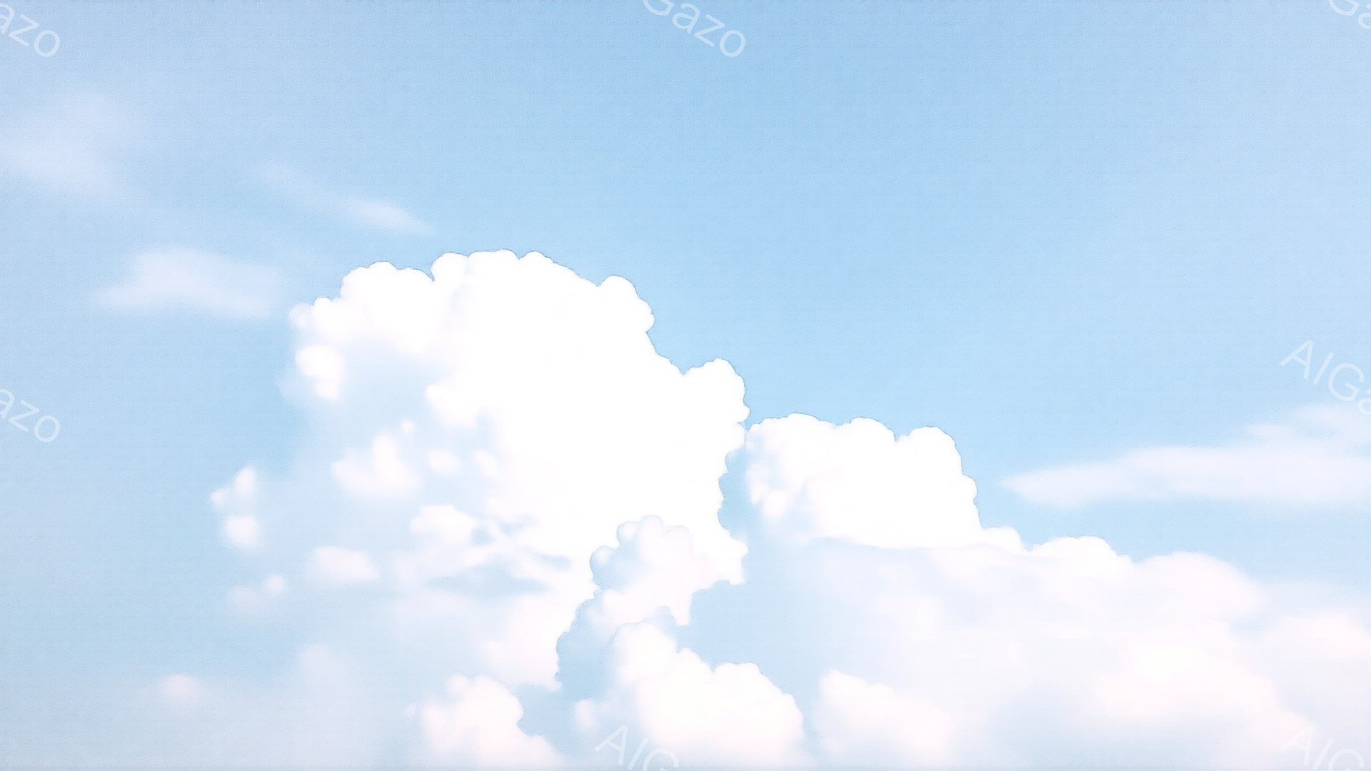 鮮やかな青空に、もくもくと湧き上がる白い雲が印象的な風景です。雲は大きく広がり、まるで綿菓子のような形をしており、穏やかで平和な雰囲気を醸し出しています。空全体が明るく、晴れた日の心地よい開放感が感じられます。