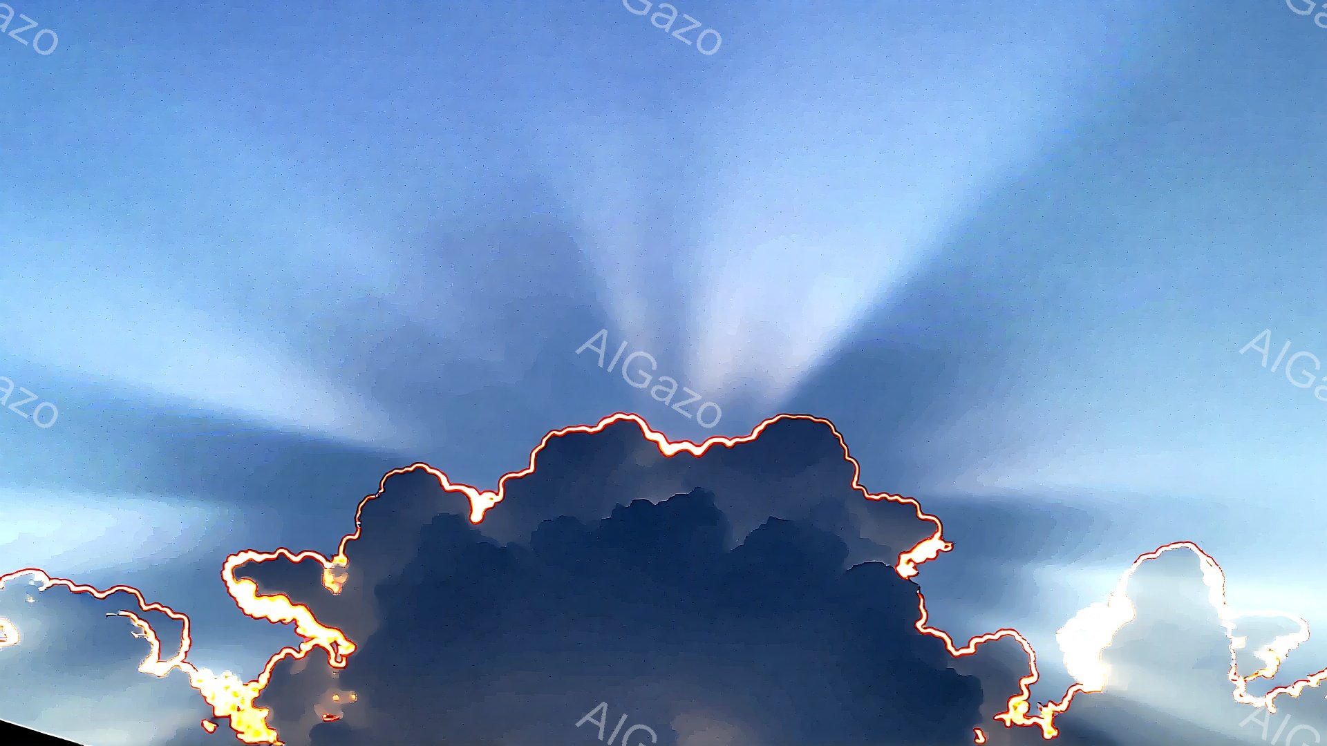 濃い青色の雲が画面下部に大きく広がっており、その縁は明るいオレンジ色で縁取られています。雲の上部からは、光芒のような白い光線が放射状に広がっています。背景は明るい水色で、晴天のようであり、雲と光芒が印象的な空模様を作り出しています。