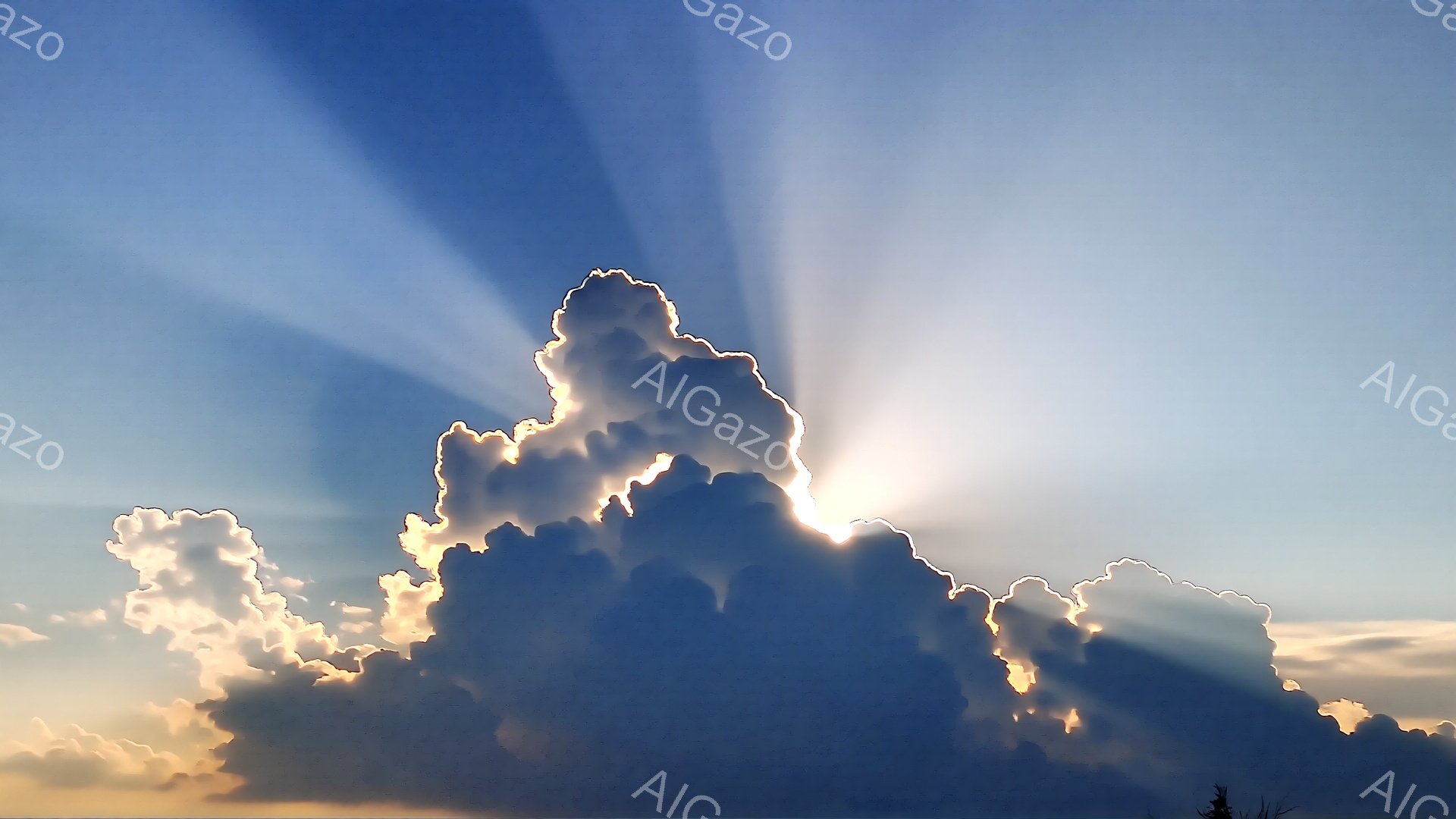 濃い青色の空に、白く巨大な積乱雲がそびえ立っています。太陽は雲の背後から強く光を放ち、放射状に光線が広がっています。雲の陰影が深く、壮大で神秘的な雰囲気を醸し出しています。