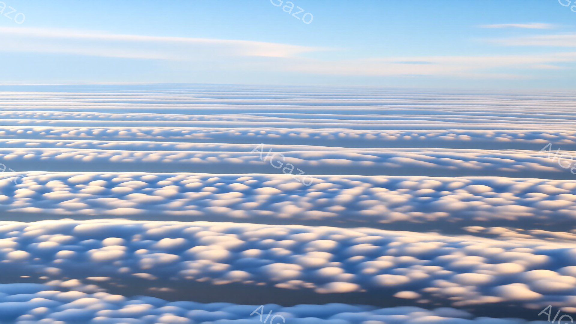 広大な空から見下ろす、まるで波のような白い雲の帯が規則的に並んでいる。雲の表面は綿のようにふっくらとしており、光の加減で微妙な陰影が生まれ、奥行きを感じさせる。青空とのコントラストが鮮やかで、穏やかで平和な雰囲気を醸し出している。