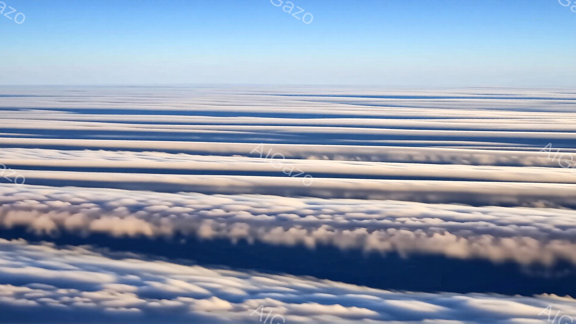 広大な空から見下ろす雲海が印象的な光景です。雲は規則的に連なる波のような形をしており、まるで白い筋が地平線まで続いているようです。青空とのコントラストが美しく、静寂で幻想的な雰囲気が漂っています。 - AI生成フリー素材