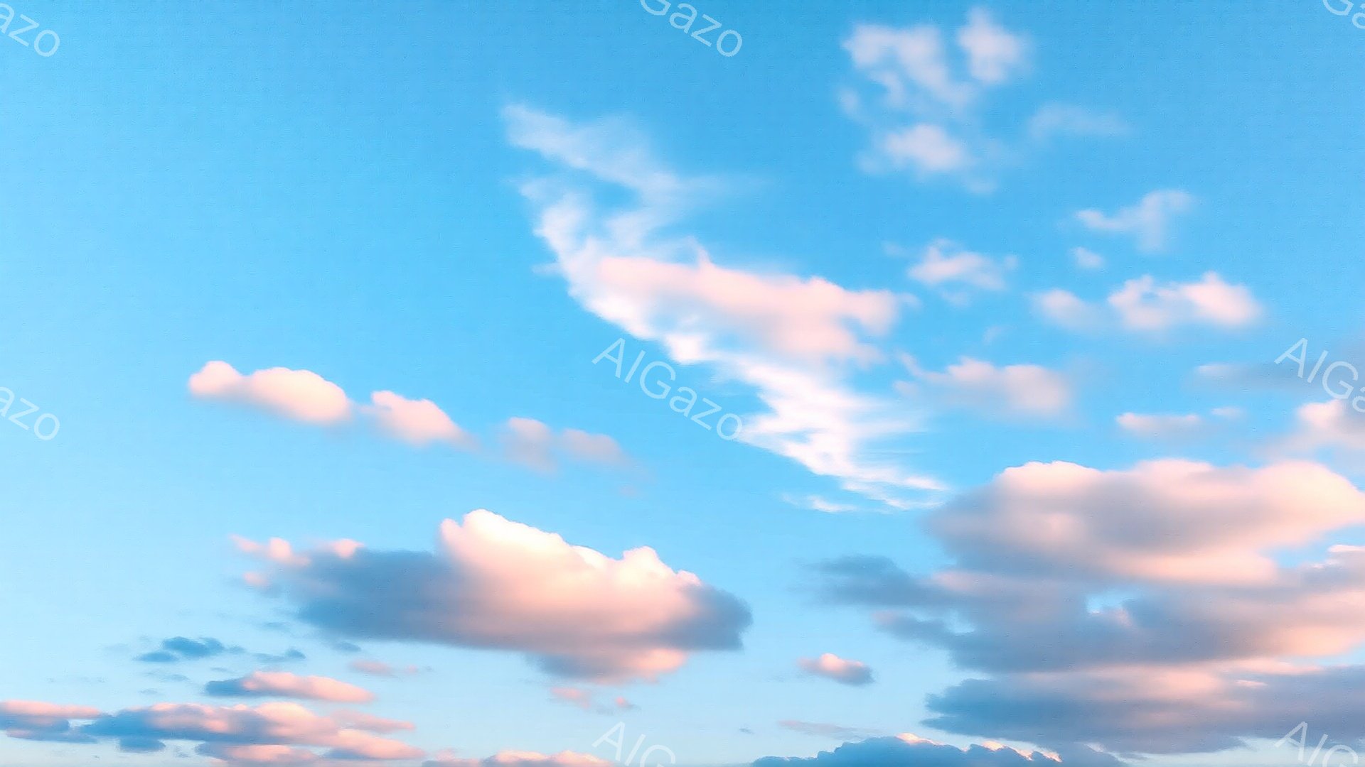 空は明るい水色で、淡いピンク色やオレンジ色の雲が浮かんでいます。雲は様々な形をしており、まるで綿菓子のように柔らかい印象を与えます。夕暮れ時のような穏やかで優しい雰囲気です。 - AI生成フリー素材