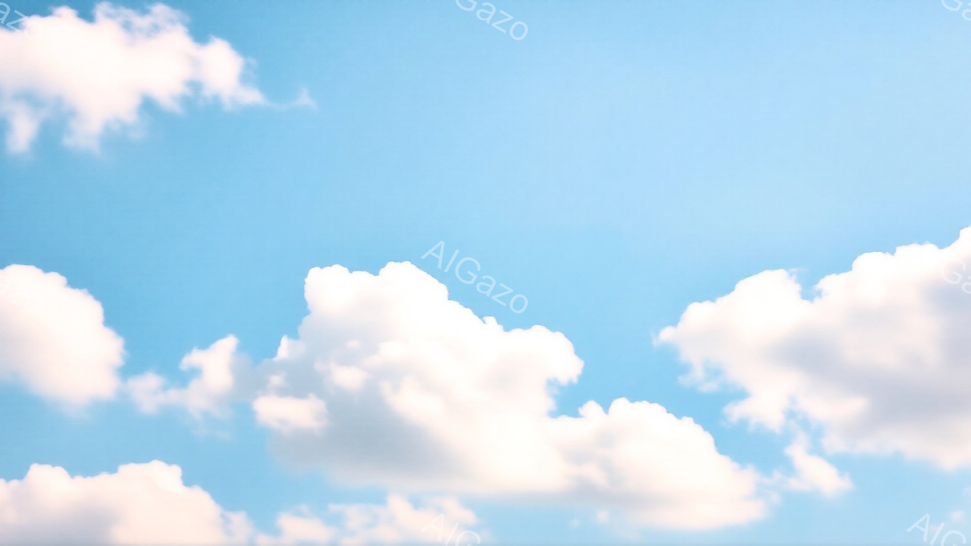 鮮やかな青空に、ふわふわとした白い雲が広がり、まるで綿菓子のような印象を与えます。雲は様々な形をしており、太陽の光を浴びて白く輝いています。晴れた日の穏やかな空模様で、開放的で爽やかな雰囲気が漂います。