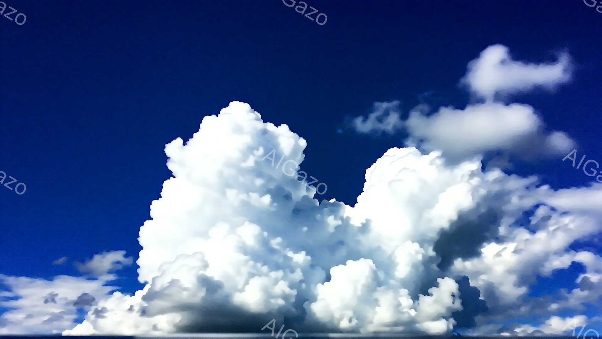 鮮やかな青空に、もくもくと湧き上がる白い雲が広がっている。雲はまるで巨大な綿菓子のように、丸みを帯びた形をしており、太陽の光を浴びて輝いている。全体的に晴れやかで開放的な雰囲気が漂う、夏の日の空の風景 - AI生成フリー素材