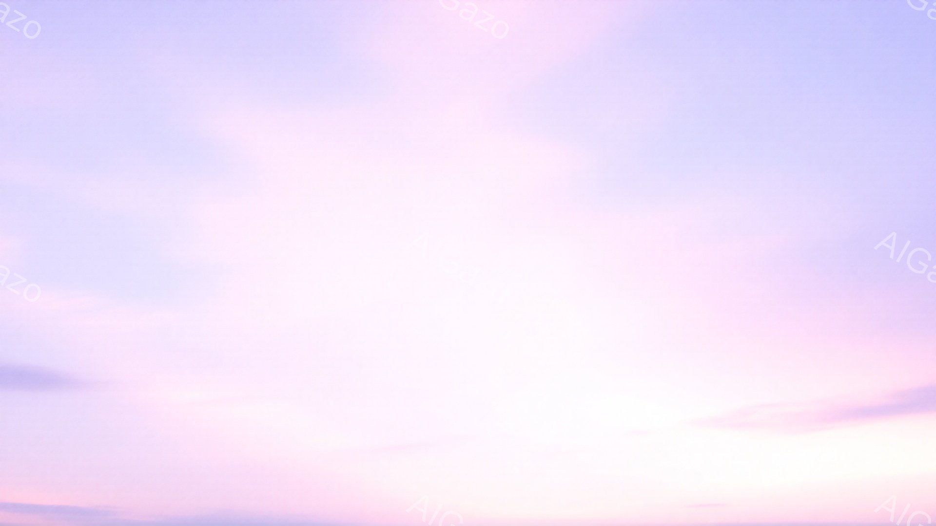 淡いピンクと紫色のグラデーションが空一面に広がり、まるで水彩画のような美しい空模様です。地平線付近には薄いオレンジ色が混ざり、穏やかな夕焼けまたは日の出の瞬間を捉えているように見えます。全体的に柔らかな色彩が、安らぎと静けさの雰囲気を醸し出しています。