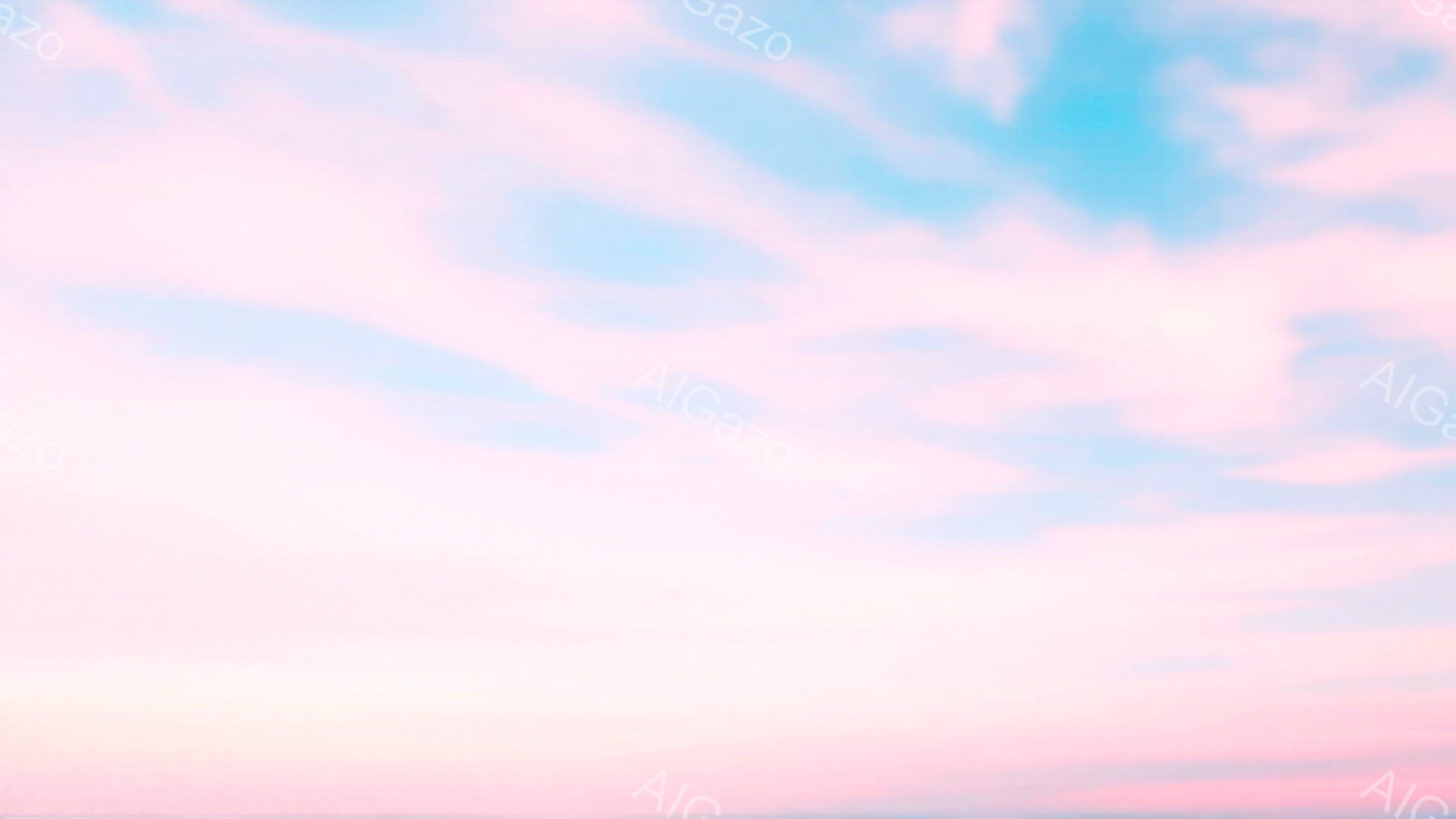 空全体が淡いピンク色と水色でグラデーションになっており、夕焼けか夜明けの空を思わせる美しい風景です。雲がふんわりと広がり、柔らかく穏やかな雰囲気を醸し出しています。全体的に夢幻的で、希望や癒しを感じさせる色彩が印象的です。